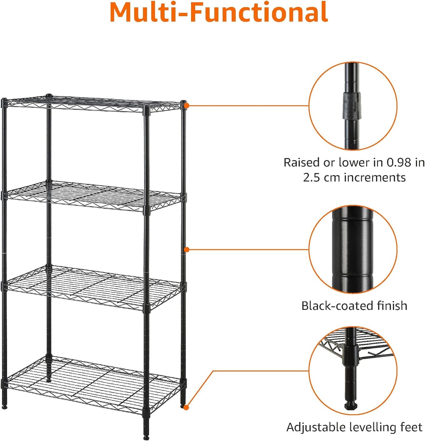 Amazon Basics 4-Shelf Steel Wire Storage Shelves for Garage, Adjustable Metal Shelving Unit, 200 lbs Per Shelf, 23.2" W x 48" H x 13.4" D, Black | Sturdy, Adjustable, Easy Assembly, Storage