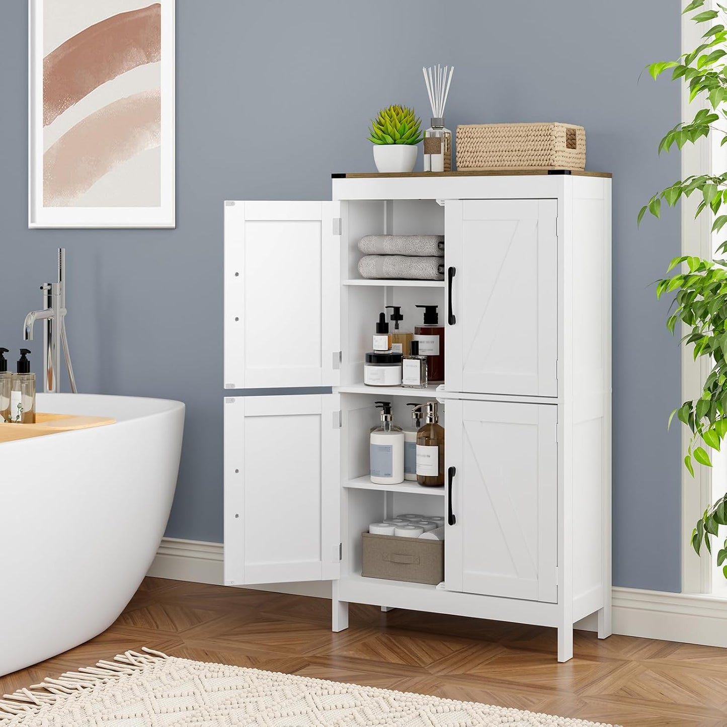 Bathroom Floor Storage Cabinet,Modern Bathroom Cabinet,Adjustable Shelves Freestanding Kitchen Pantry Bathroom Organizers and Storage,4 Doors(23.63L x 11.8W x 43.3H inch)