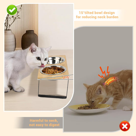 Elevated Cat Bowl, 2 PCS 15°Tilted Cat Bowl Stand with 2 Stainless Steel Bowls for Indoor Cats and Pet, Raised Cats Bowls for Food and Water