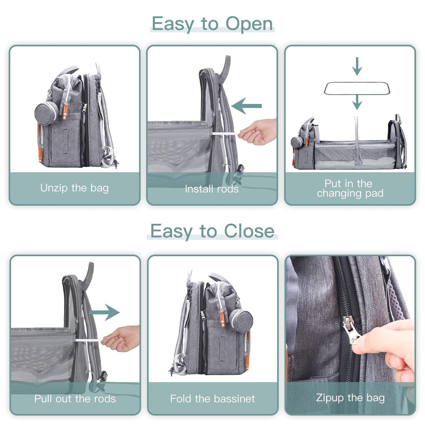 Diaper Bag Backpack with Changing Station, Large Diaper Bag, Baby Bag, Multifunctional Diaper Bag, Gray