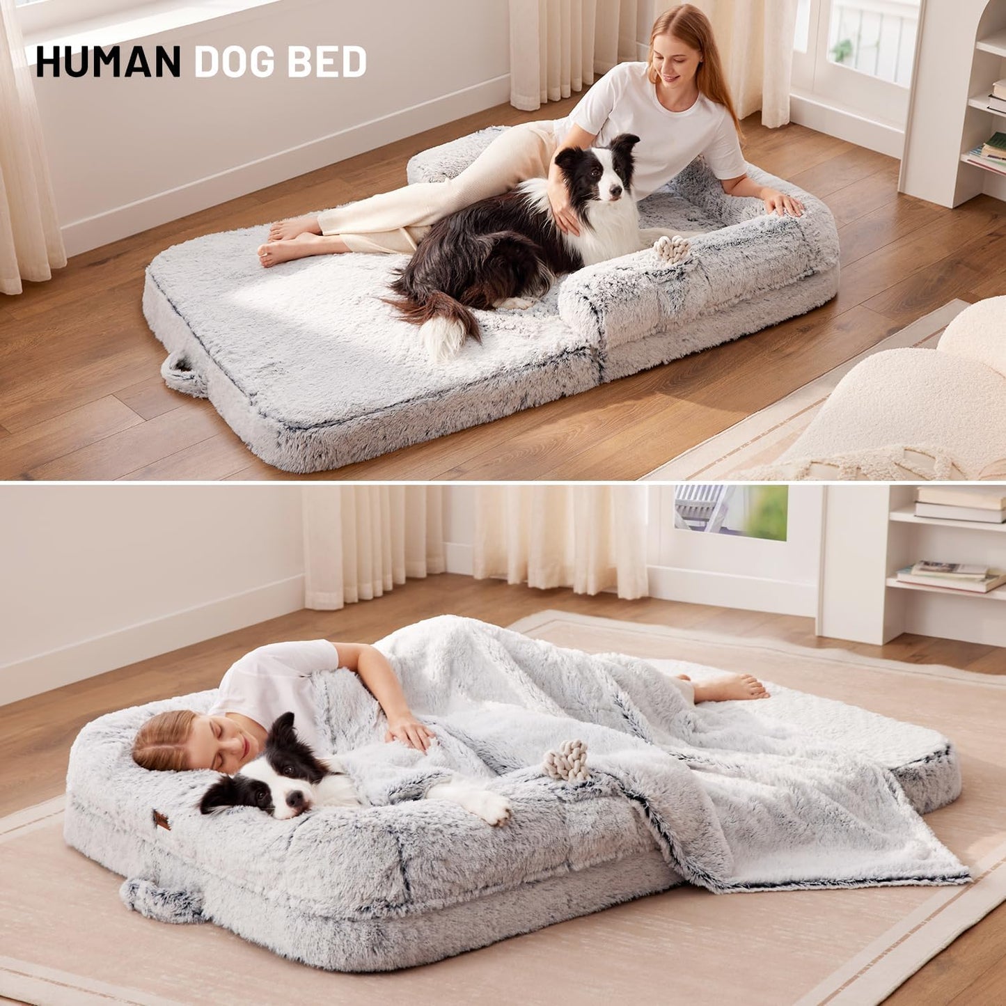 Human Dog Bed for Adult, 2 in 1 Foldable Giant Dog Bed for People Fits Pet Families, Egg Foam Supportive Mat, Waterproof Liner, Faux Fur Human Size Pet Bed with Blanket, 71"x43"x10", Grey