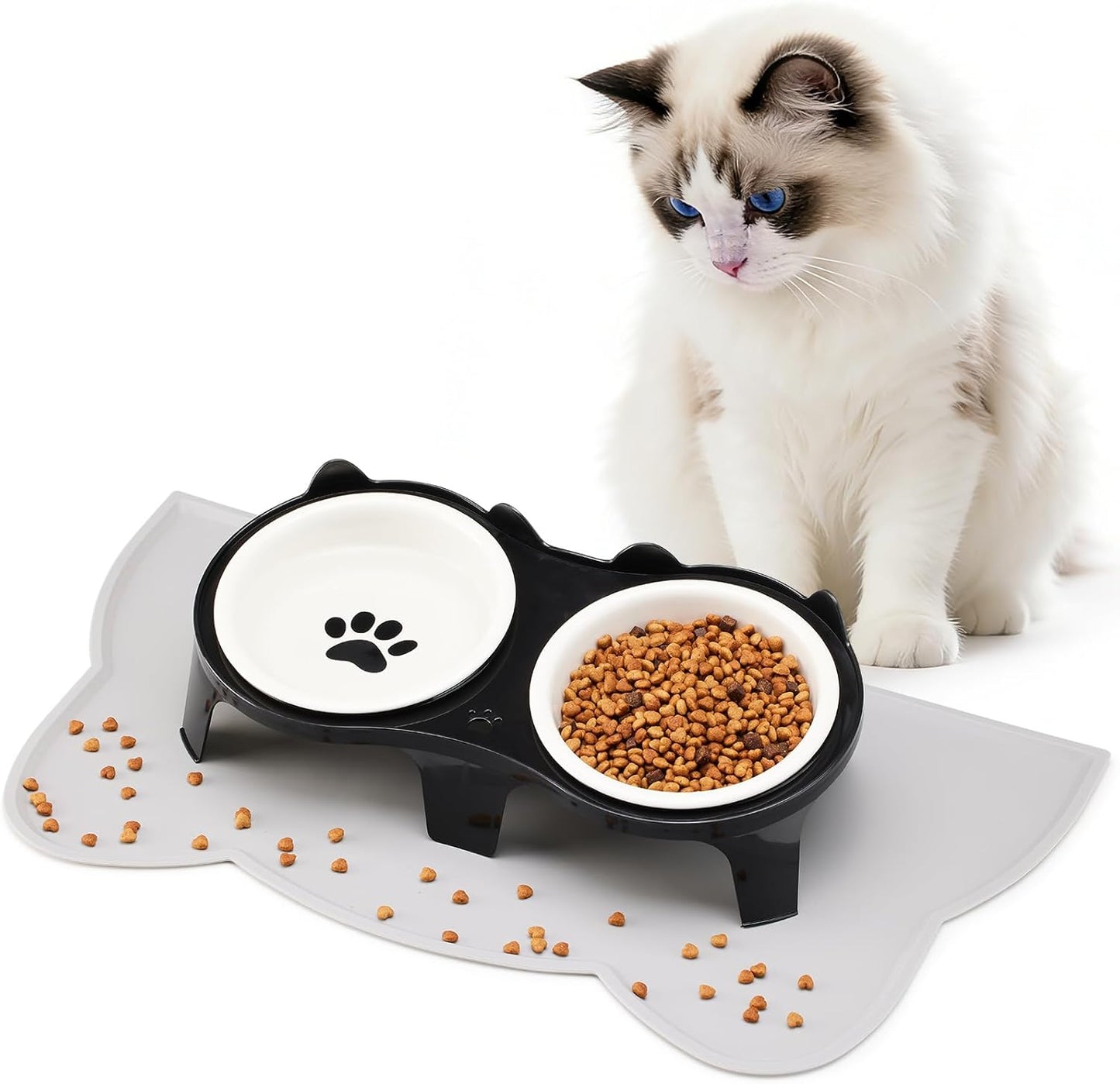Ceramic Elevated Cat Bowls Kitty Bowls - 15° Tilt Anti-Vomiting, Silicone Mat Included, Whisker Friendly for Indoor Cats & Small Dogs (2-Pack) (Black)