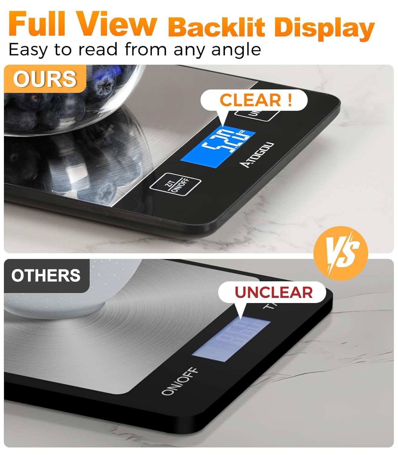 Atogou Food Scale - 33lb Digital Kitchen Scale Ounces Grams, Rechargeable & Full-View Display, Water-Resistant, Batteries or USB-C Charging, Stainless Steel, for Cooking, Meal Prep, Package (Black)