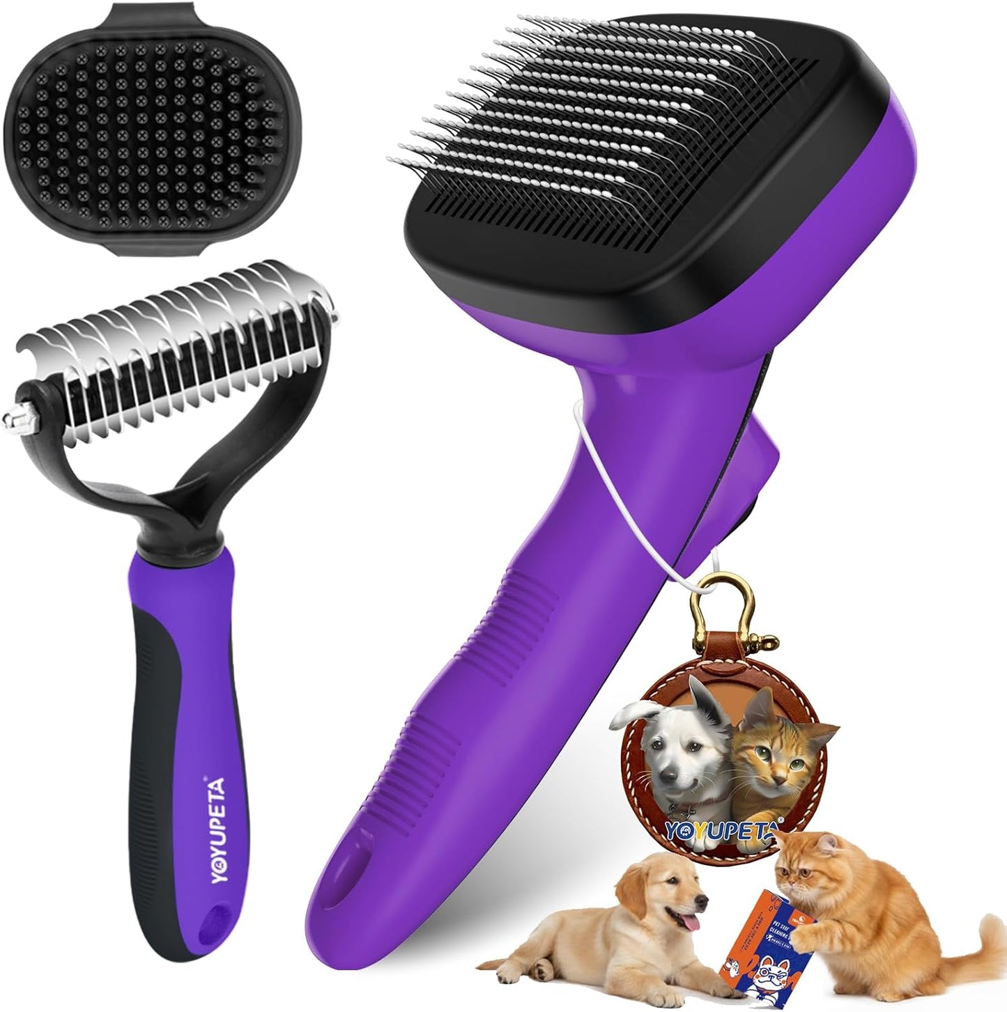 3PC Dog Brush Kit - Self-Cleaning Slicker Brush with Bath Brush & Undercoat Rake | Deshedding Tools for Large - Small Dogs & Cats, Professional Pet Grooming Set for Heavy Shedding, Purple