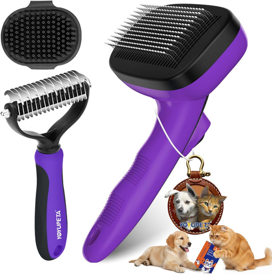 3PC Dog Brush Kit - Self-Cleaning Slicker Brush with Bath Brush & Undercoat Rake | Deshedding Tools for Large - Small Dogs & Cats, Professional Pet Grooming Set for Heavy Shedding, Purple