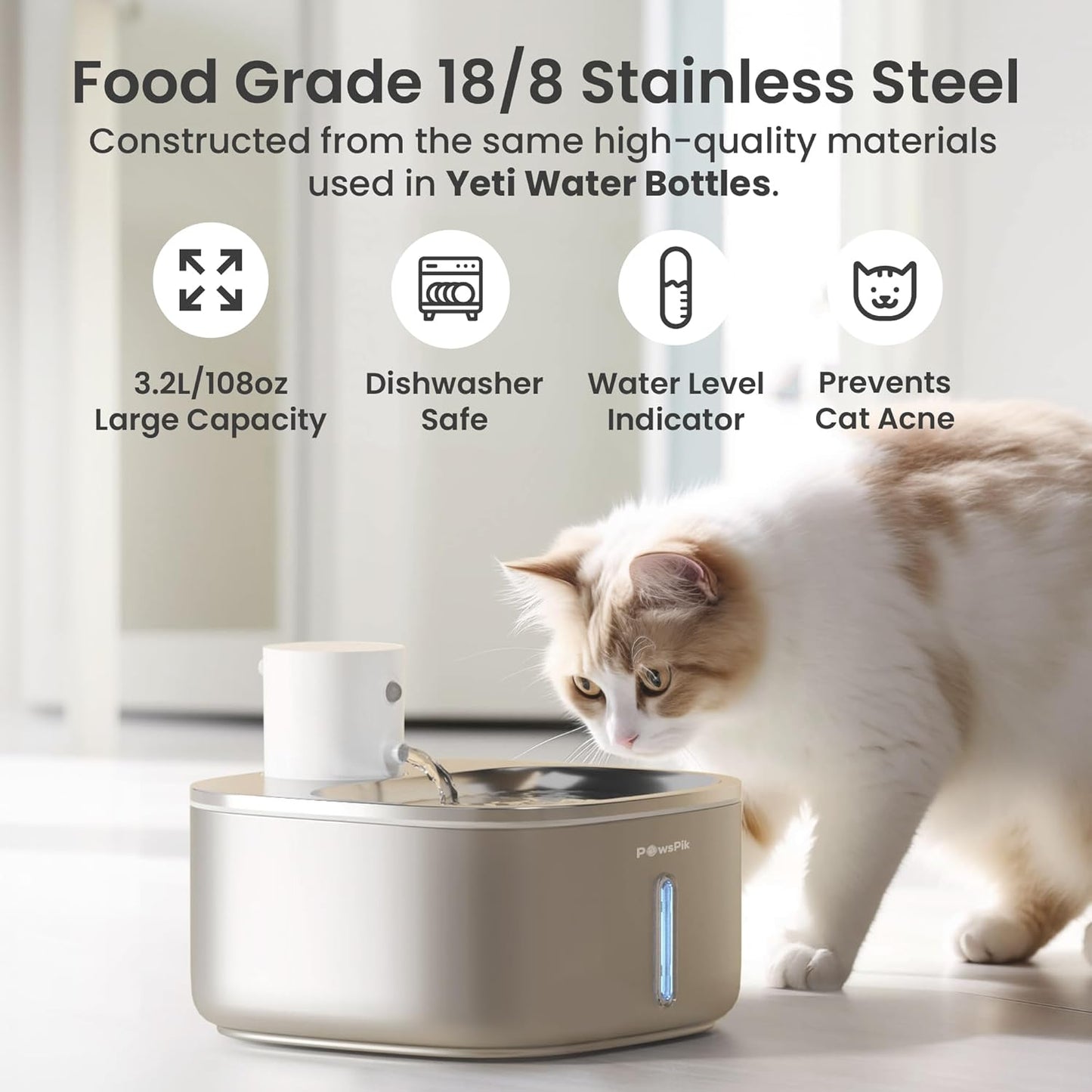 Pawspik Stainless Steel Cat Water Fountain,108 oz/3.2 L Cat Water Dispenser, Battery Operated Dog Fountain,Water Bowl, Automatic Pet Fountain with Motion Sensor, 5000 mAh Battery