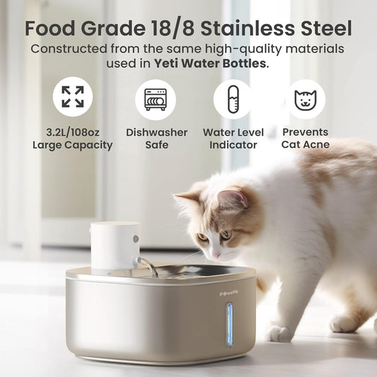 Pawspik Stainless Steel Cat Water Fountain,108 oz/3.2 L Cat Water Dispenser, Battery Operated Dog Fountain,Water Bowl, Automatic Pet Fountain with Motion Sensor, 5000 mAh Battery