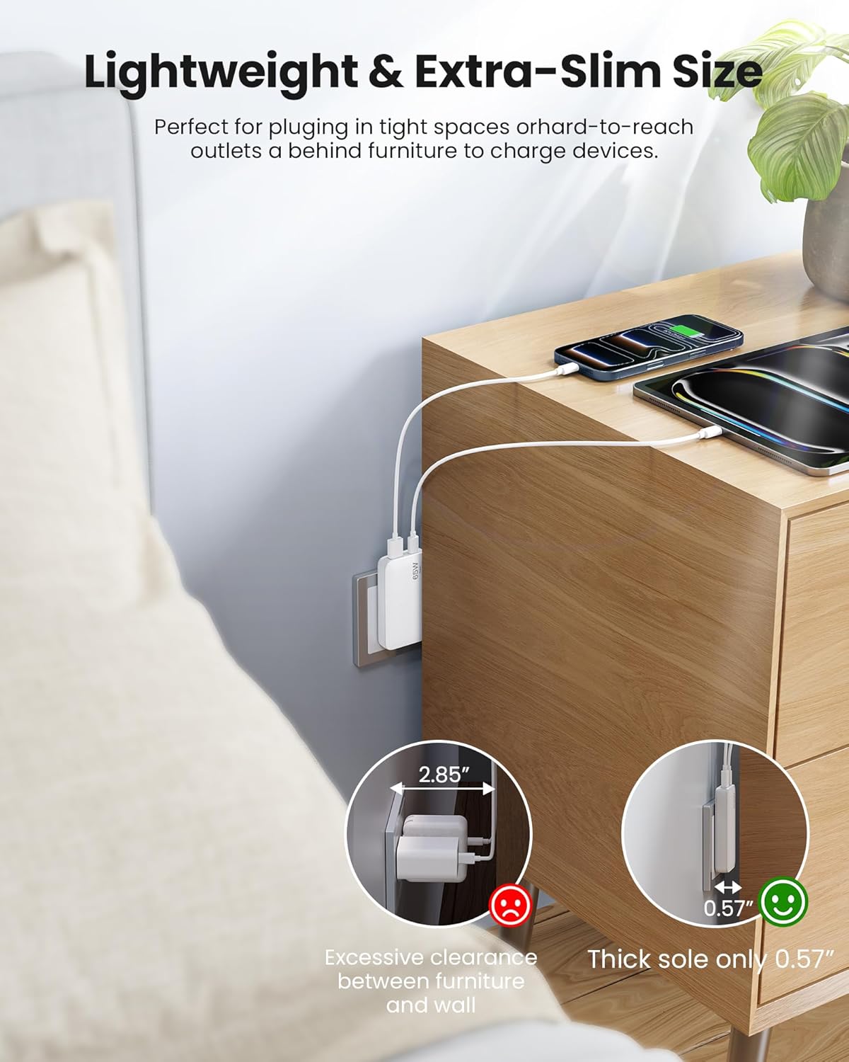 65W Ultra-Thin Foldable Charging Plug USB-C, Portable Mobile Phone and Laptop Charger, USB-C Wall Multi-Port Charger Outlet Suitable for iPhone 15/16/17 Series and Samsung Galaxy Series Models