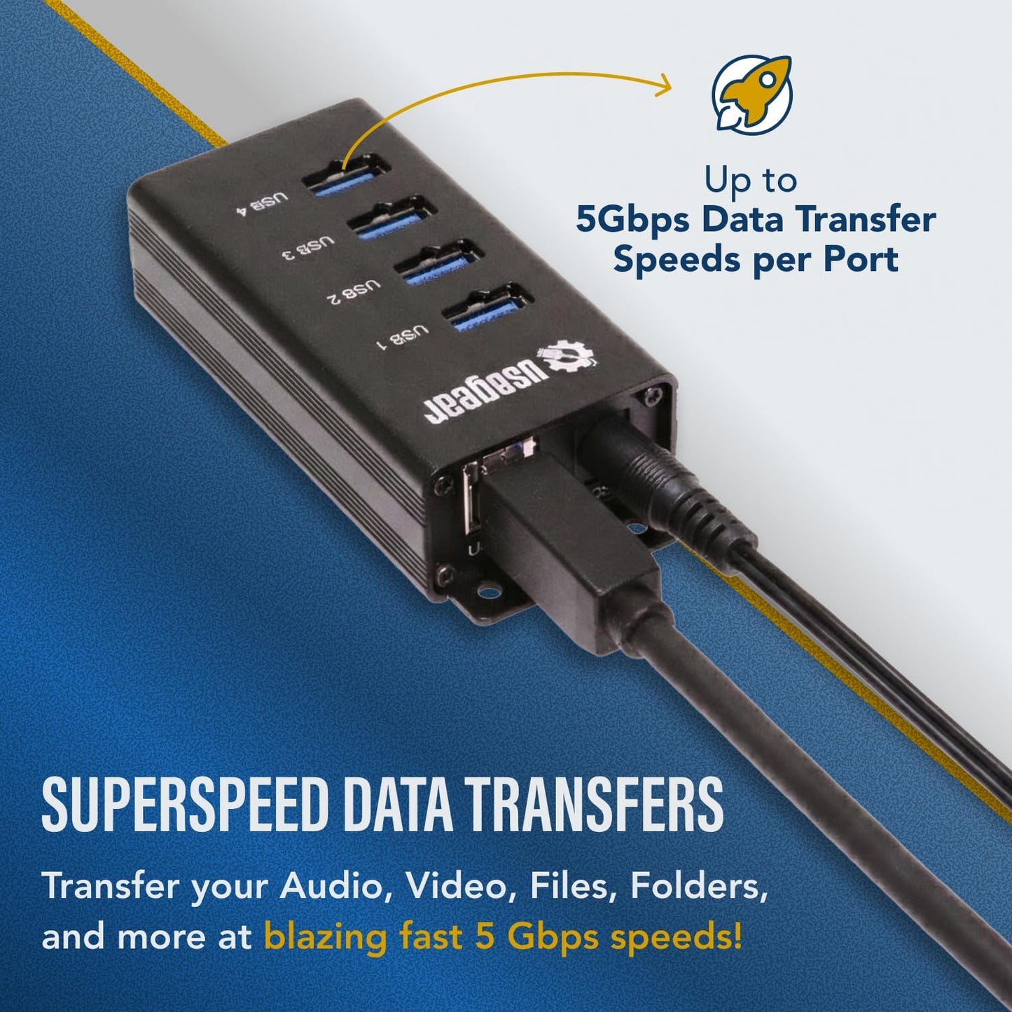 USBGear 4 Port USB Hub 3.2 Gen 1 – Mountable SuperSpeed Data Hub with USB Ports for Laptop, PC, Desktop, and More, 5V/2A Power Adapter with Type-A to Type-B Cable (3ft), Computer Accessories