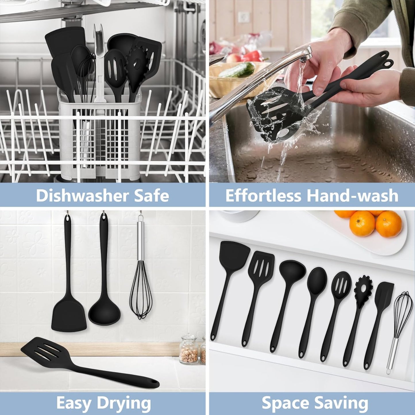 TeamFar 8 PCS Silicone Cooking Utensils - 446°F Heat Resistant Kitchen Silicon Utensils Set, Turner, Spatula, Spoon, Whisk, Kitchen Cooking Gadgets Tools for Nonstick Cookware, Dishwasher Safe-Black