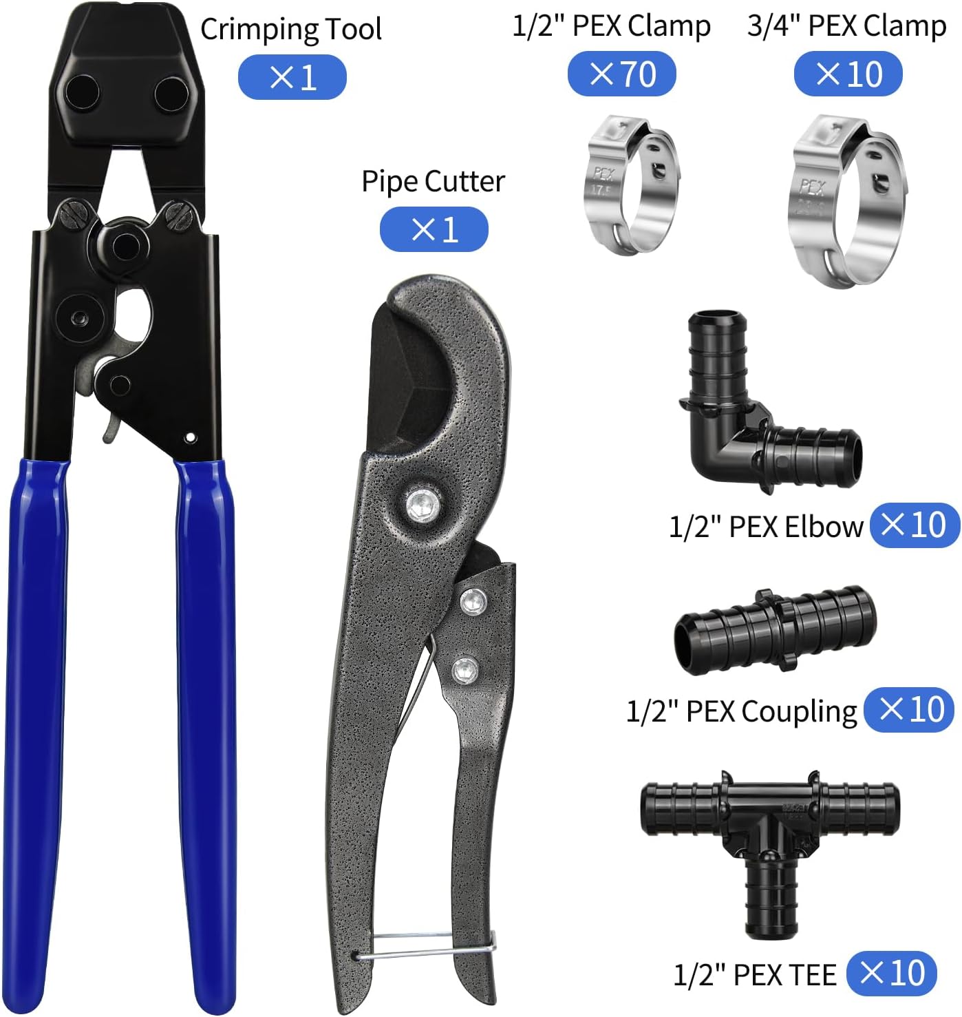 PEX Cinch Clamp Tool Kit, 3/8" to 1" PEX Pipe Clamp Cinch Tool with 30 pcs 1/2" PPSU PEX Fittings Combo, 1pcs Pipe Cutter, 70 pcs 1/2" PEX Cinch Clamps, 10pcs 3/4" PEX Cinch Clamps