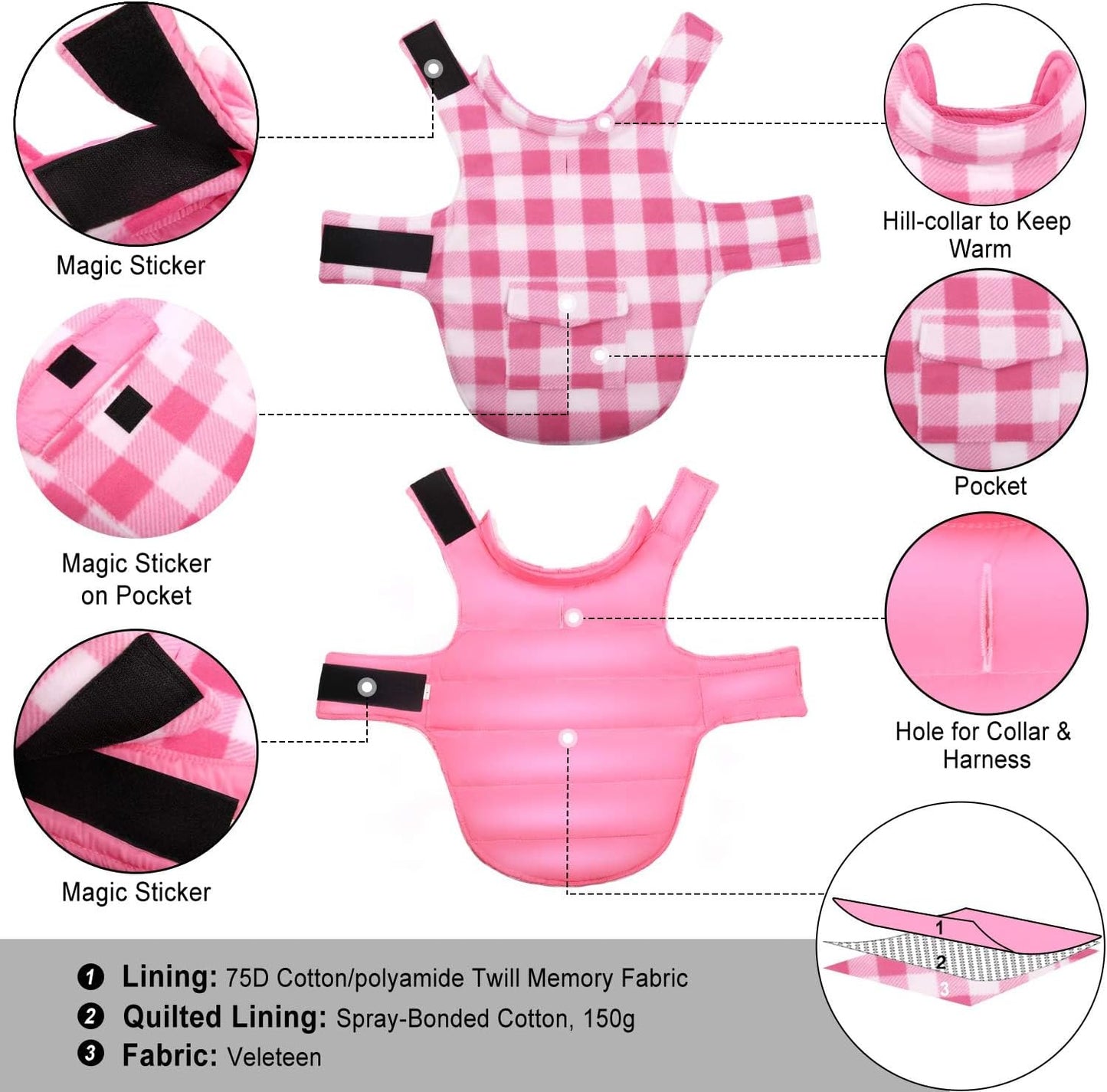 ASENKU Dog Winter Coat, Fleece Doggie Jacket Plaid Reversible Vest Waterproof Windproof Cold Weather Clothes for Small Medium Large Dogs (Pink, XL)