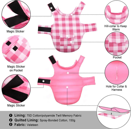 ASENKU Dog Winter Coat, Fleece Doggie Jacket Plaid Reversible Vest Waterproof Windproof Cold Weather Clothes for Small Medium Large Dogs (Pink, XL)