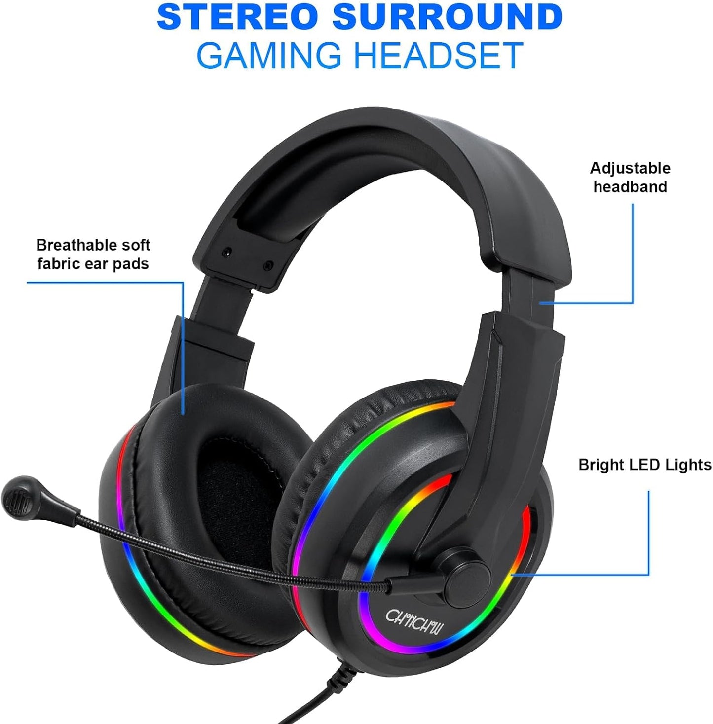 Gaming LED Keyboard Mouse Headset and Mousepad Bundle, CHONCHOW Wired Rainbow LED Light Up Gaming Keyboard Mouse Headset, Value 4 in 1 Game Set for Xbox PS4 PS5 PC Laptop Gamer