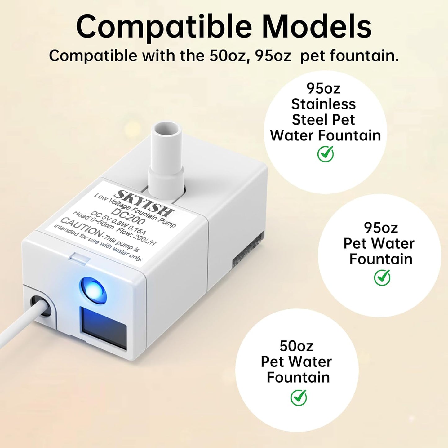 Cat Water Fountain Pump for 50oz, 95oz Fountain, Ultra Quiet, USB Cable, LED Light and 6 Pack Pet Fountain Filters