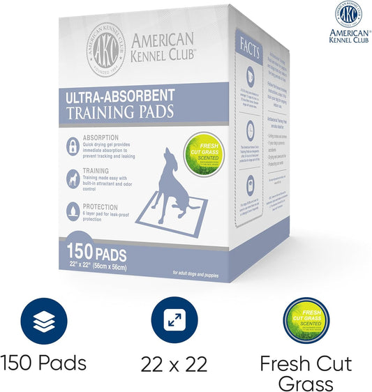 American Kennel Club Puppy Training Pads for Dogs, 150 Count, Fresh Cut Grass Scent, Absorbent Leak-Proof Dog Pee Pads in Box