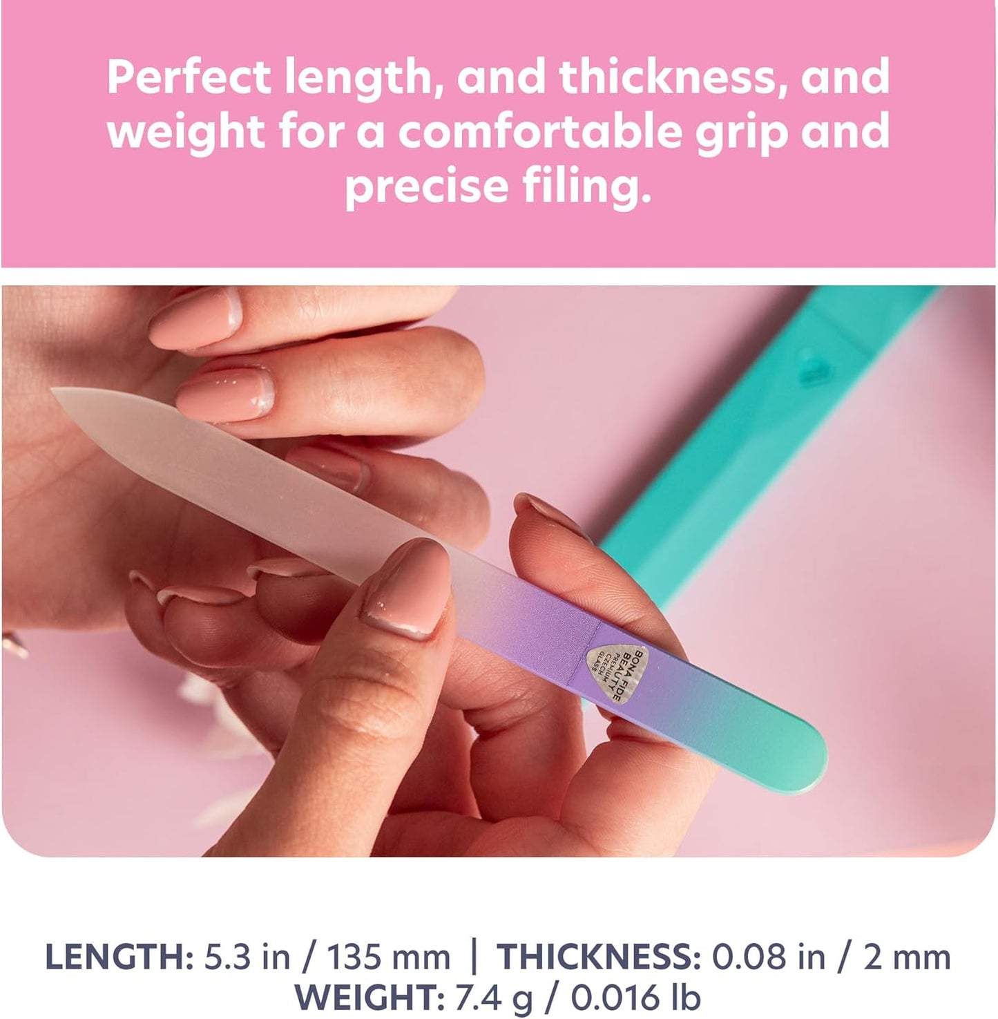 Glass Nail File with Case, Czech Glass Fingernail Files, Manicure Nail File for Natural Nails, Expert Precision Filing + Smooth Finish - Bona Fide Beauty Premium Nail Filer (Pastel Aqua Violet)