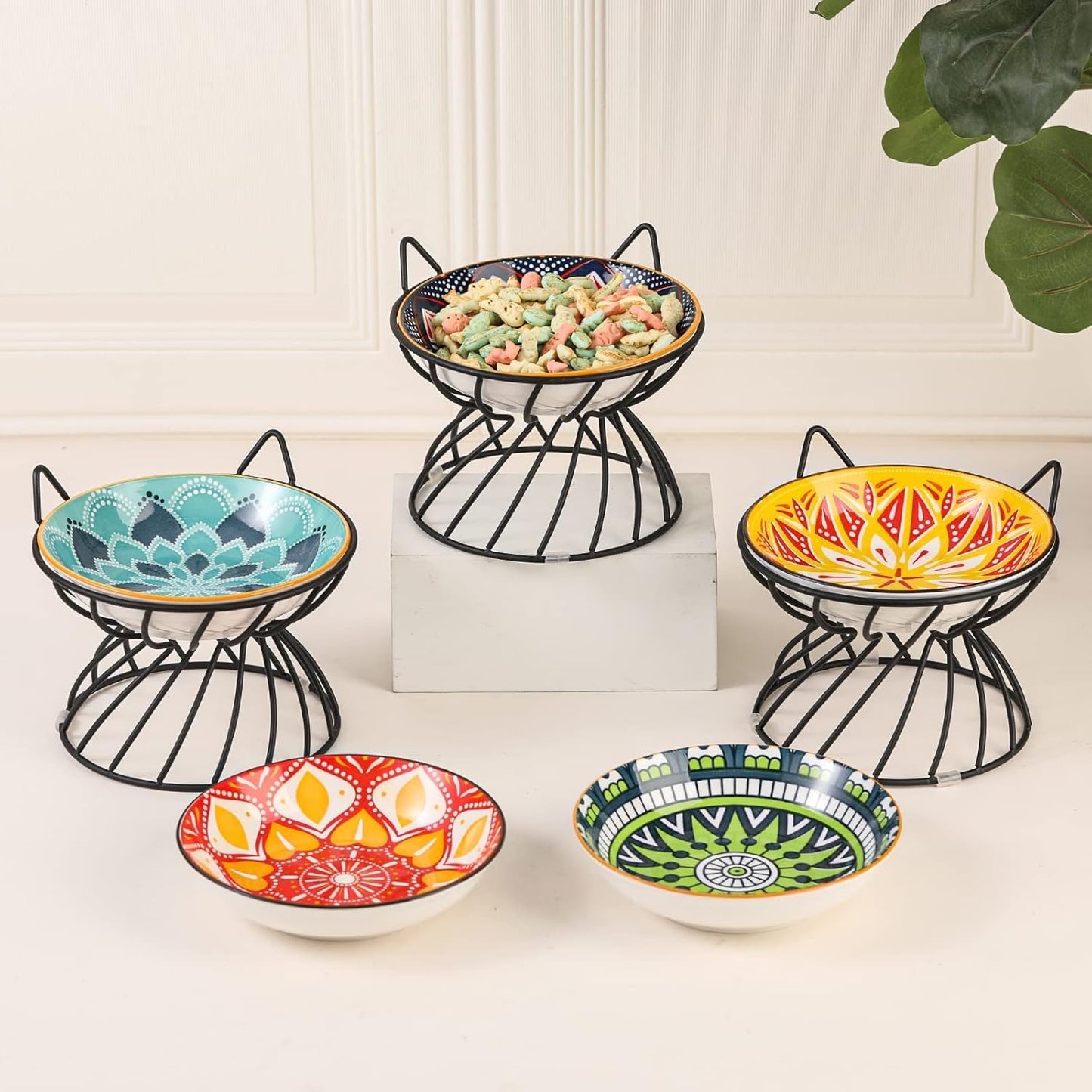 Metal Stand for Cat Dish - Raised Cat Bowl Holder with Anti Slip Sleeves - Black Iron - Elevated, Anti Vomiting, Backflow Prevention - 5.9 x 4.7 inches