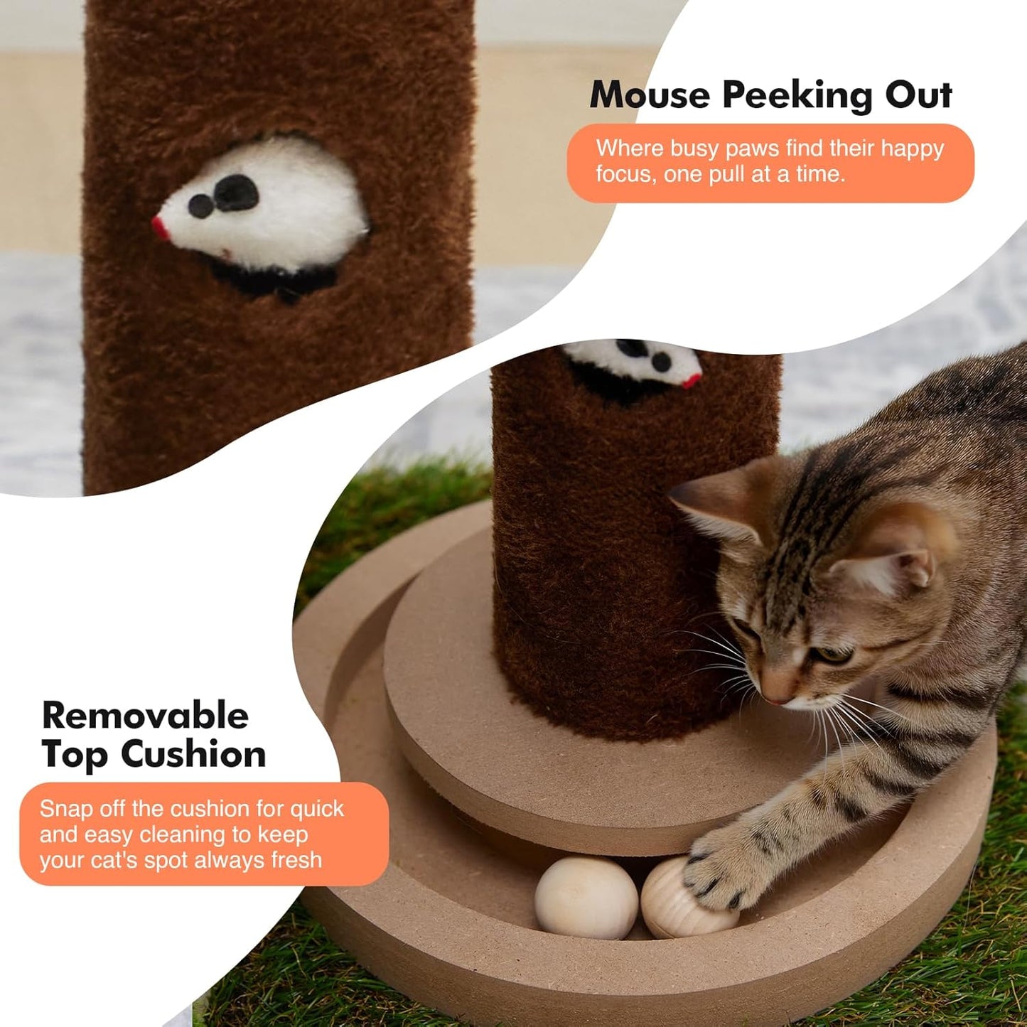 Small Cat Tree with Scratching Post and Ball Track, Green Cat Tower with Lifelike Leaves for Kittens and Small Cats, 2-Door Cat Condo and Interactive Cat Toys for Indoor Cats