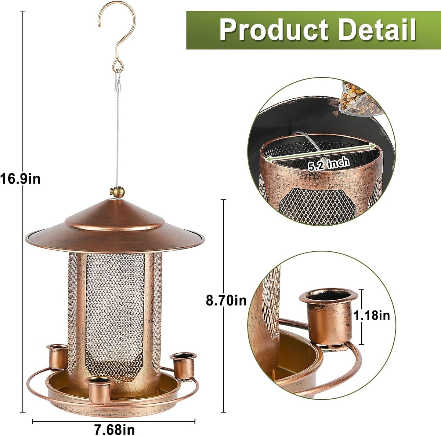 Bird Feeder,Heavy Duty Bird Feeders for Outdoors, Metal Squirrel Proof with 3 Extra Feeding Ports,4 LB Large Capacity Wild Birdfeeder for Outside Hanging Garden Yard Backyard