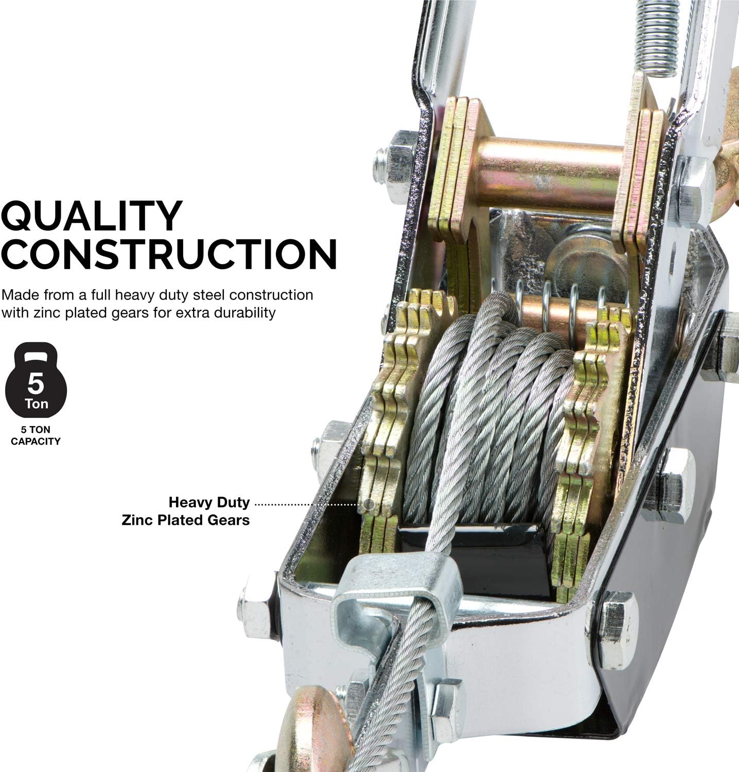 NEIKO 02256A Come Along Winch, 5-Ton (10,000 Lbs) Pulling Capacity, 10Ft, 3 Hook, Heavy Duty Power Cable Come Along Tool with Dual Gears, Hand Winch Cable, Automotive Hoist Winch Puller, Recovery Gear