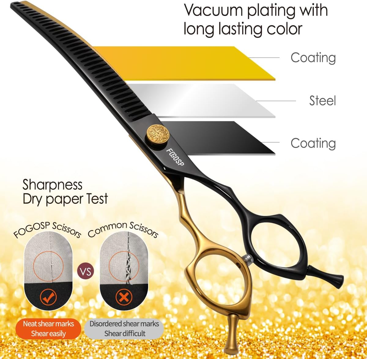 Professional Curved Chunkers Shears Dog Grooming 7.5'' Black & Gold Curved Thinning Dog Grooming Scissors for Large Dogs Pet 35 Teeth Japan 440C(Curved Chunkers,Black Gold)