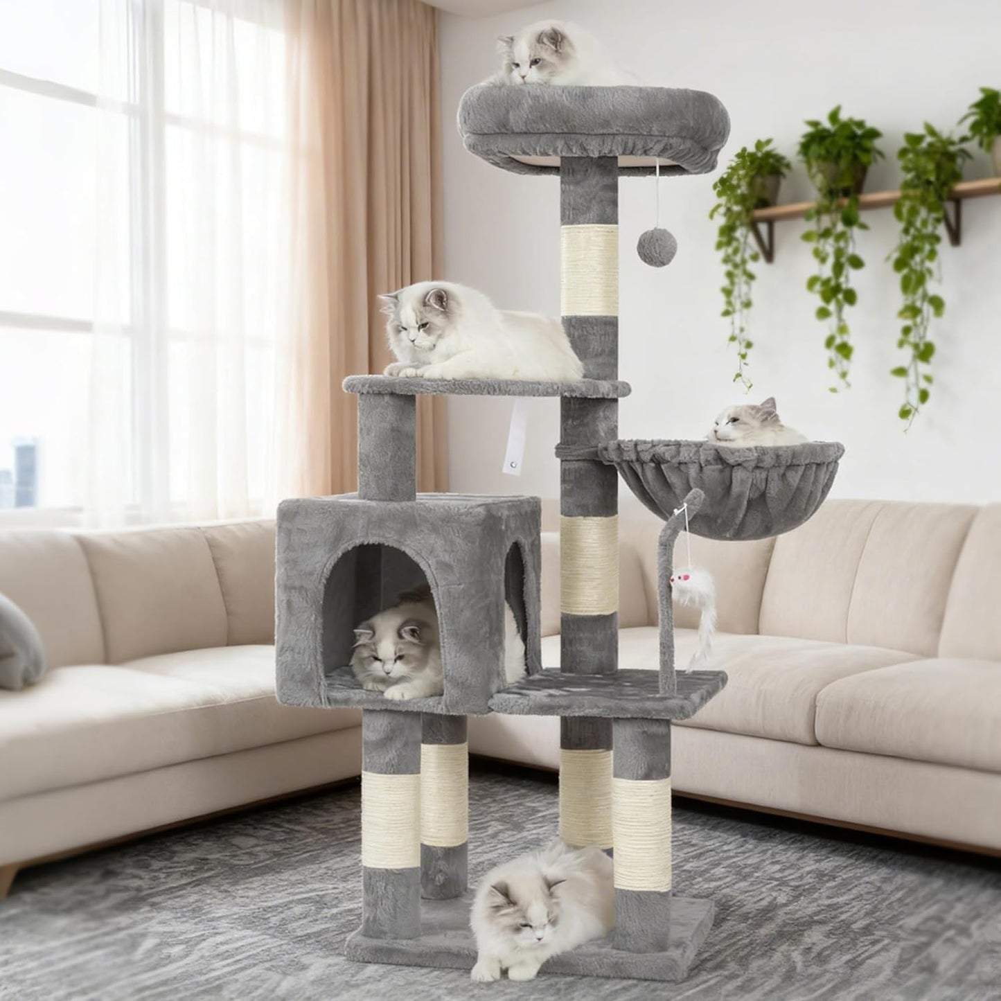 Heybly Cat Tree with Toy, Cat Tower Condo for Indoor Cats, Cat House with Padded Plush Perch, Cozy Hammock and Sisal Scratching Posts, Light Gray HCT004SW