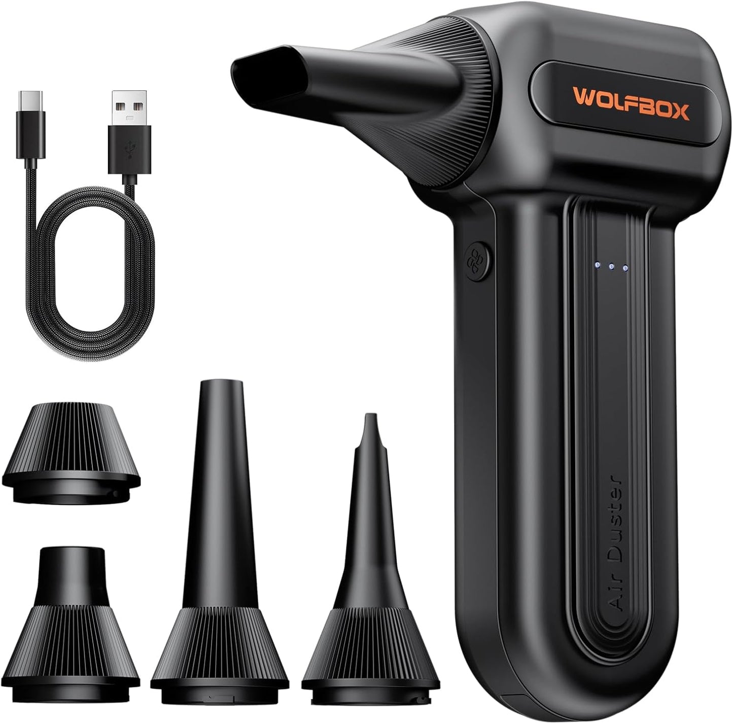 WOLFBOX MF60 Compressed Air Duster-110000RPM Super Power Electric Air Duster, 3-Speed Adjustable Rechargeable Cordless Air Blower with Fast Charging for PC Keyboard Cleaning, Car, Home, 5 Nozzle