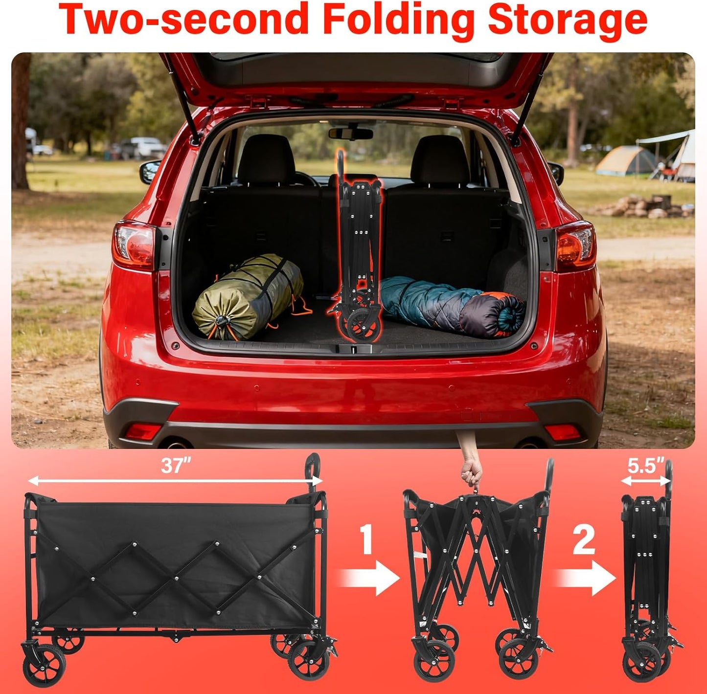 Collapsible Wagons Carts Foldable, 500LBS Heavy Duty Wagon Cart Foldable with Brakes & All-Terrain Wheels– 34'' Extra Long Folding Wagon Portable Lightweight for Camping, Beach，Sports, Shopping