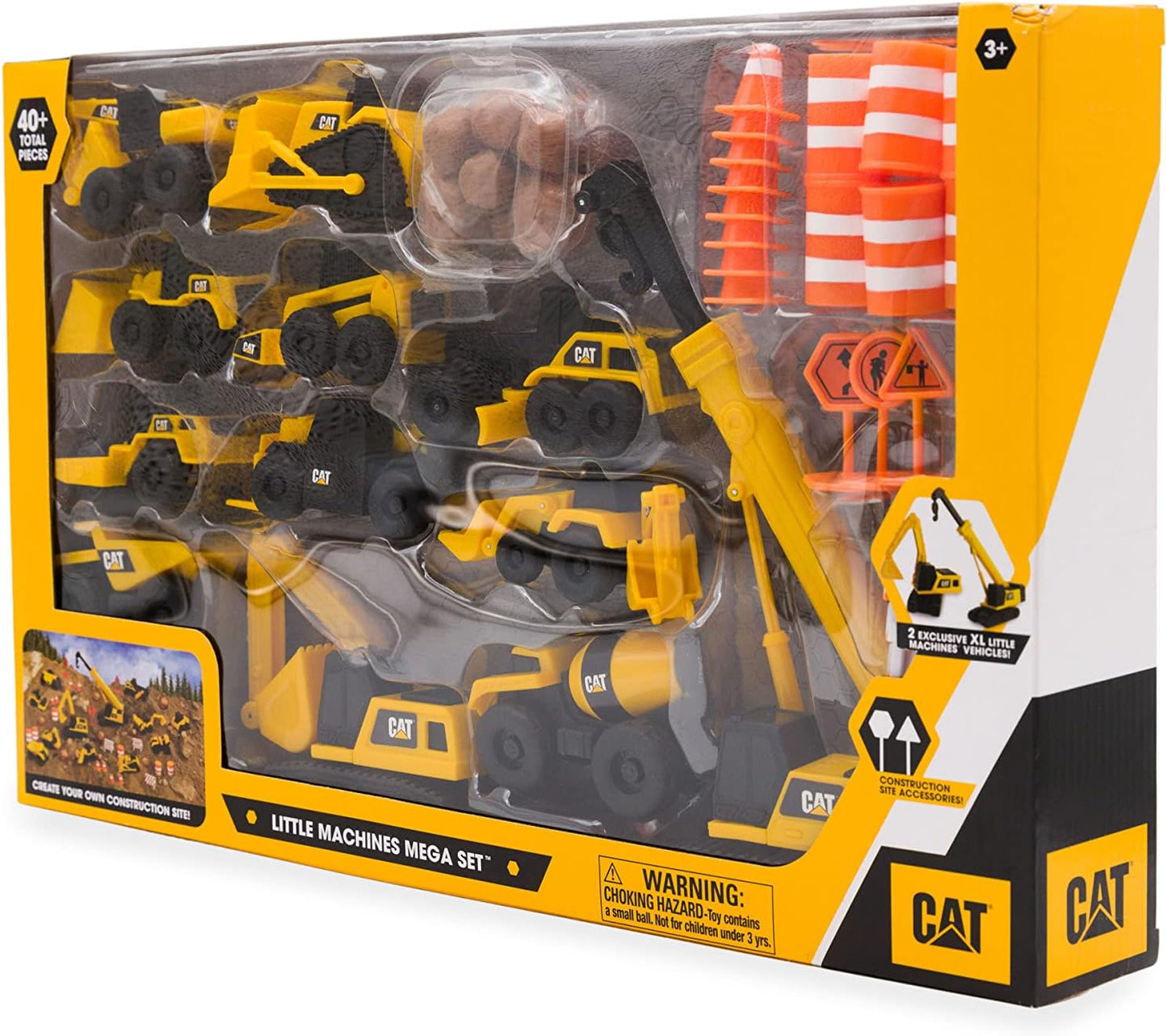 CAT Construction Toys, Little Machines Mega Set – 40+ Pieces with XL Crane & Excavator, 10 Mini Vehicles, Road Signs, Cones, Boulders & Barricades, Indoor/Outdoor STEM Toy for Kids Ages 3 +