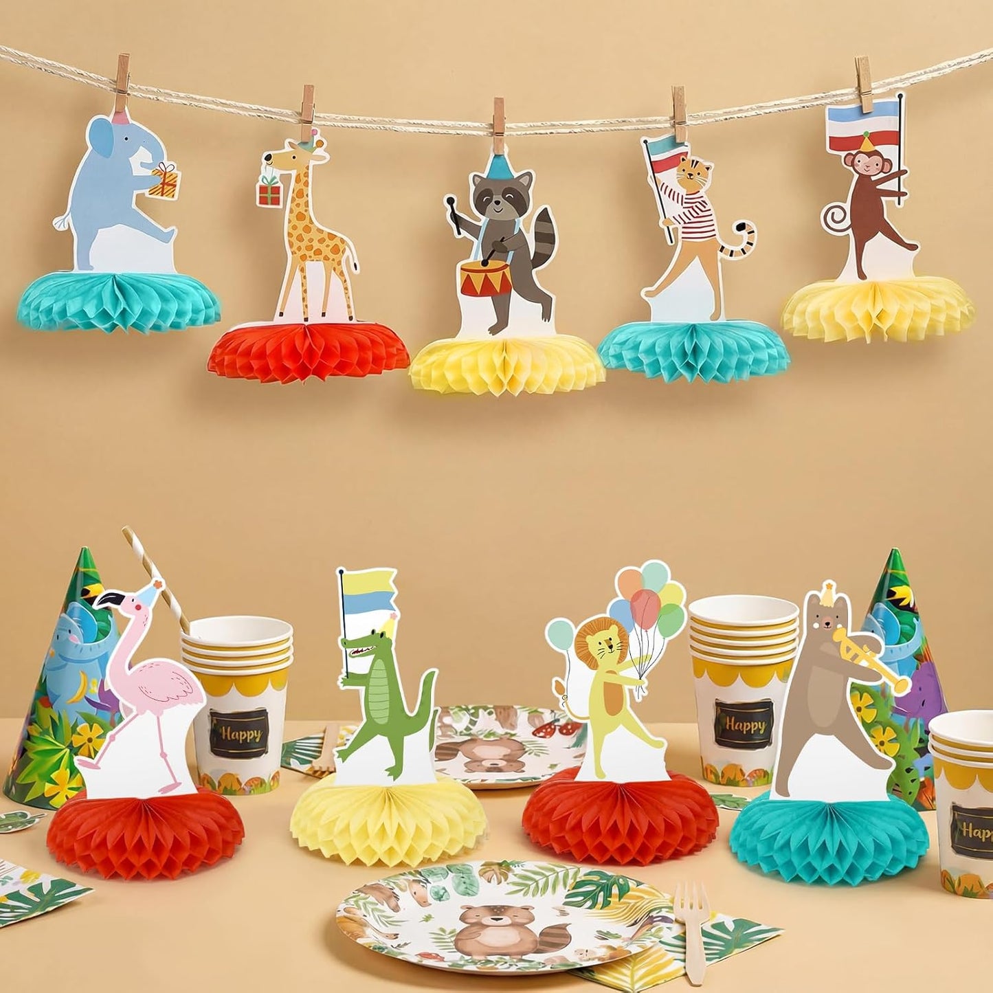 9 Pcs Animal Parade Party Honeycomb Centerpieces Safari Themed Birthday Party Supplies Zoo Wild Animals Jungle Cake Table Decorations Baby Shower Decorations for Boys Girls