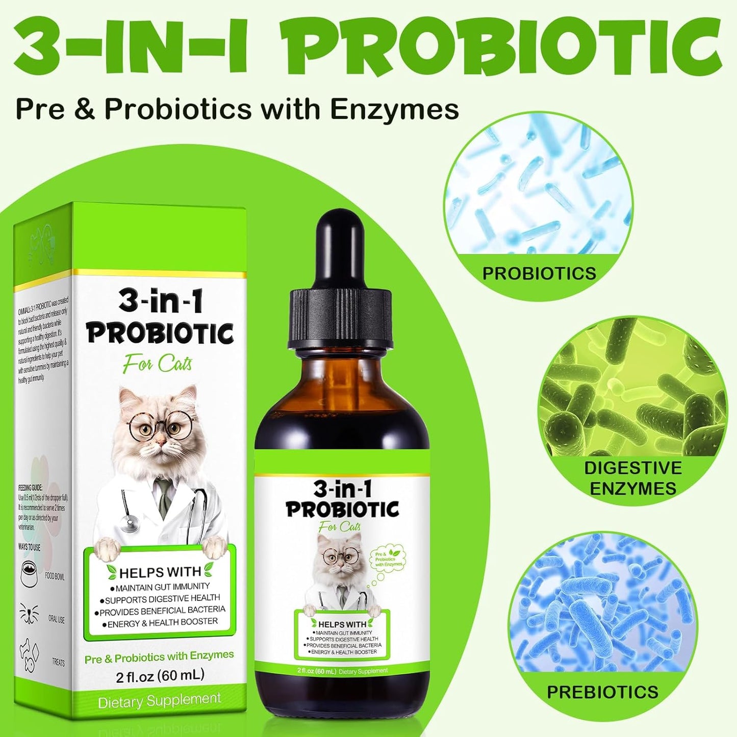 3-in-1 Probiotics for Cats with Digestive Enzymes & Prebiotics, 2 Pack for Cats of All Ages, Immune System & Diarrhea Relief, Supports Gut Health
