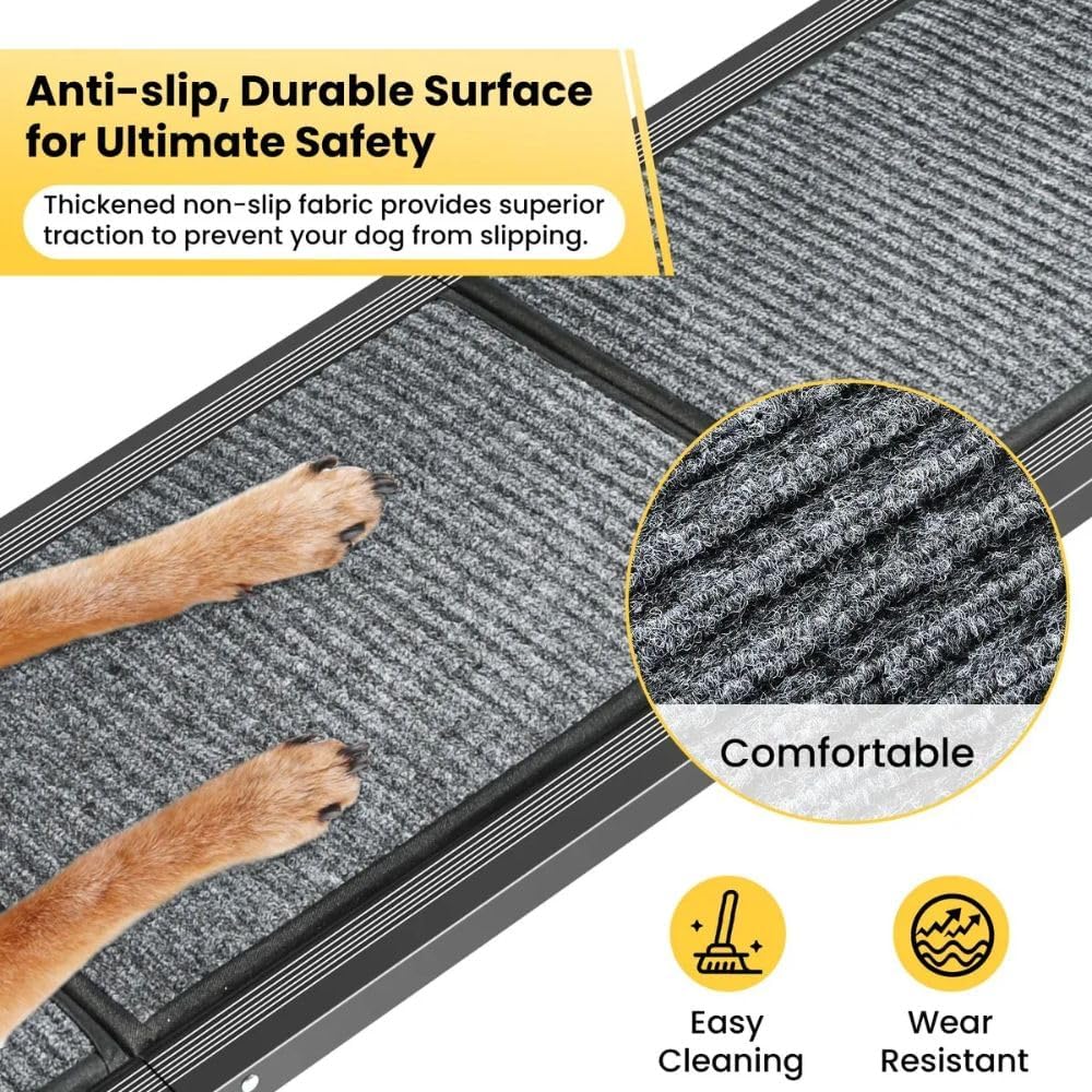 Dog Ramp for Car & SUV with Non-Slip Rug Surface – Lightweight & Foldable Pet Ramp for Dogs, Includes 4 Towels & 2 LED Lights, Safe for Cars, Trucks, Beds, Couches & Stairs