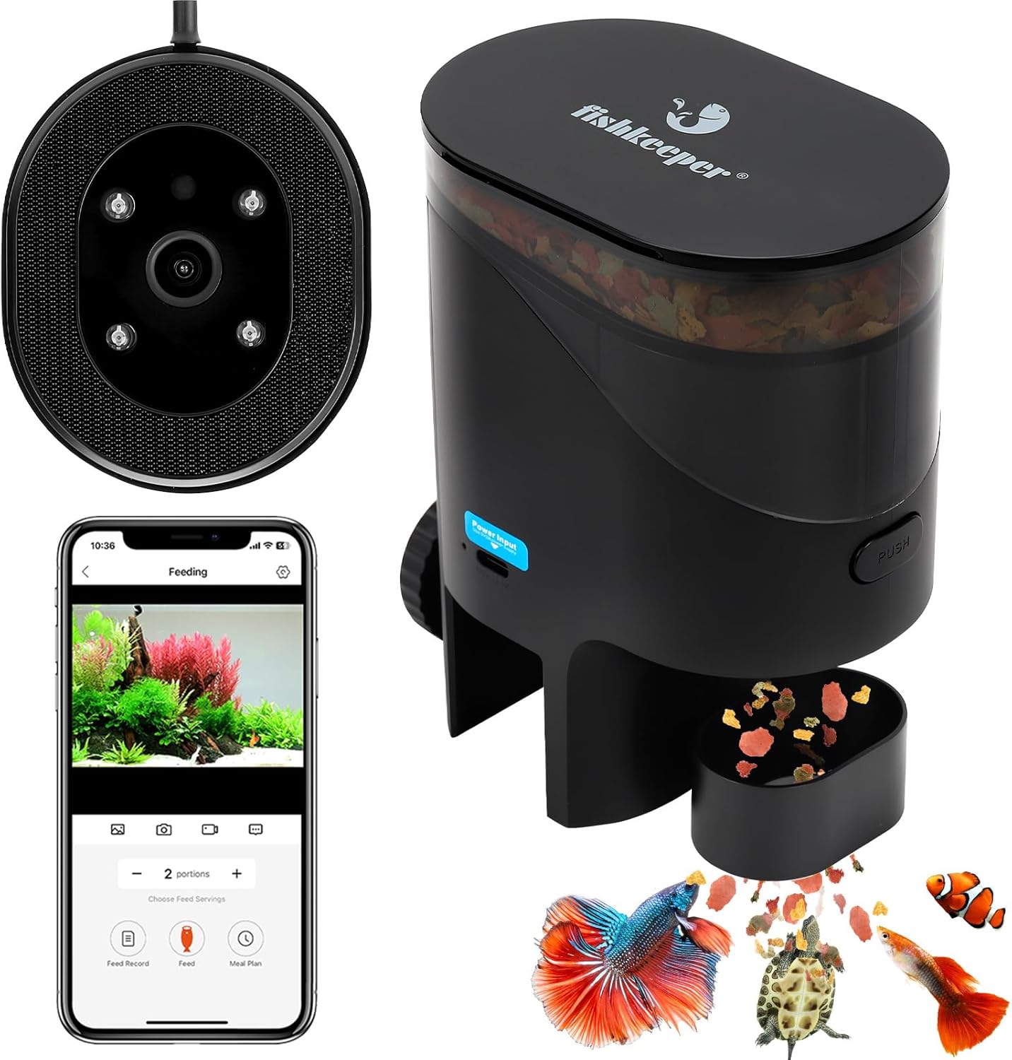 fishkeeper Automatic Fish Feeder for Aquarium Flakes, WiFi (2.4G/5.0G) & APP Control - Auto Fish Food Dispenser/Betta Fish Feeder with HD 2.5K Camera and Timer, Aquarium Feeder for Turtle Koi Tanks