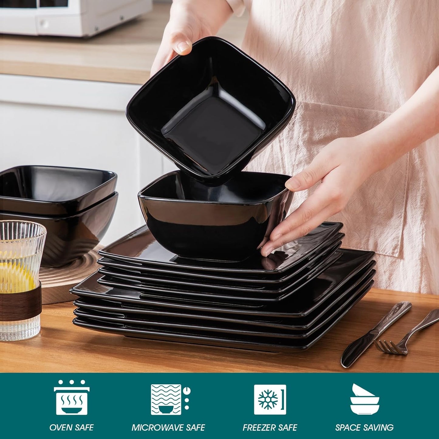 vancasso Soho Dinnerware Sets 12 Pieces, Black Stoneware Square Place Setting, Plates and Bowls Sets, Dinner Plate, Dishes Set for 4