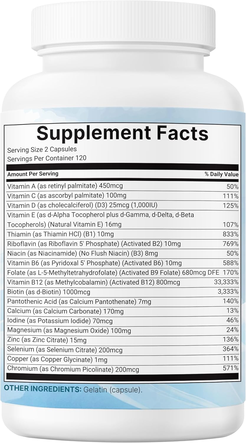 Micro Ingredients Pure Methylated Multivitamin, 240 Capsules | 19-in-1 Formula with Vitamins C, D, B12, Folate, Magnesium, Zinc & More | Filler Free, Non-GMO