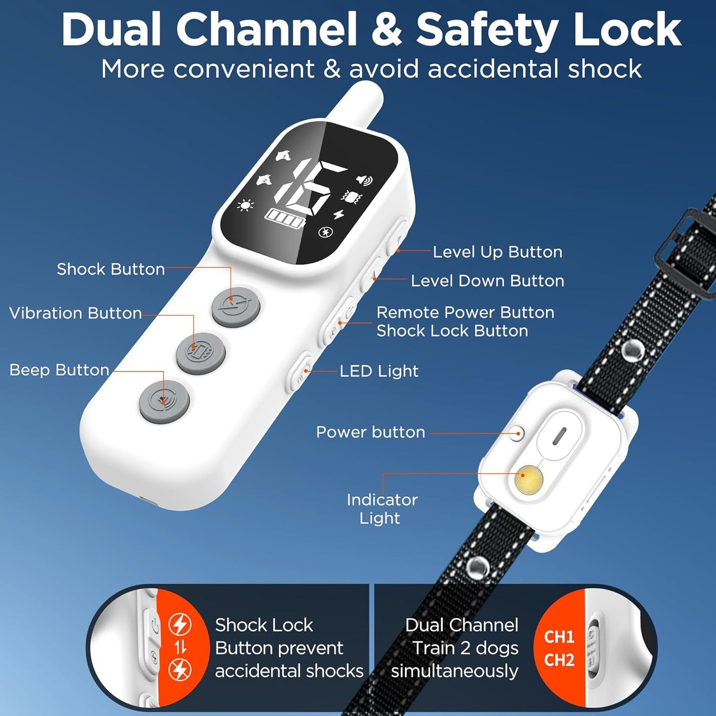 Dog Training Collar with Remote Control, 3300FT and 4 Training Modes Beep,Vibration,Safe Shock,LED Night Light,IPX7 Waterproof Rechargeable E-Collar for All Breeds (8-150 lbs)