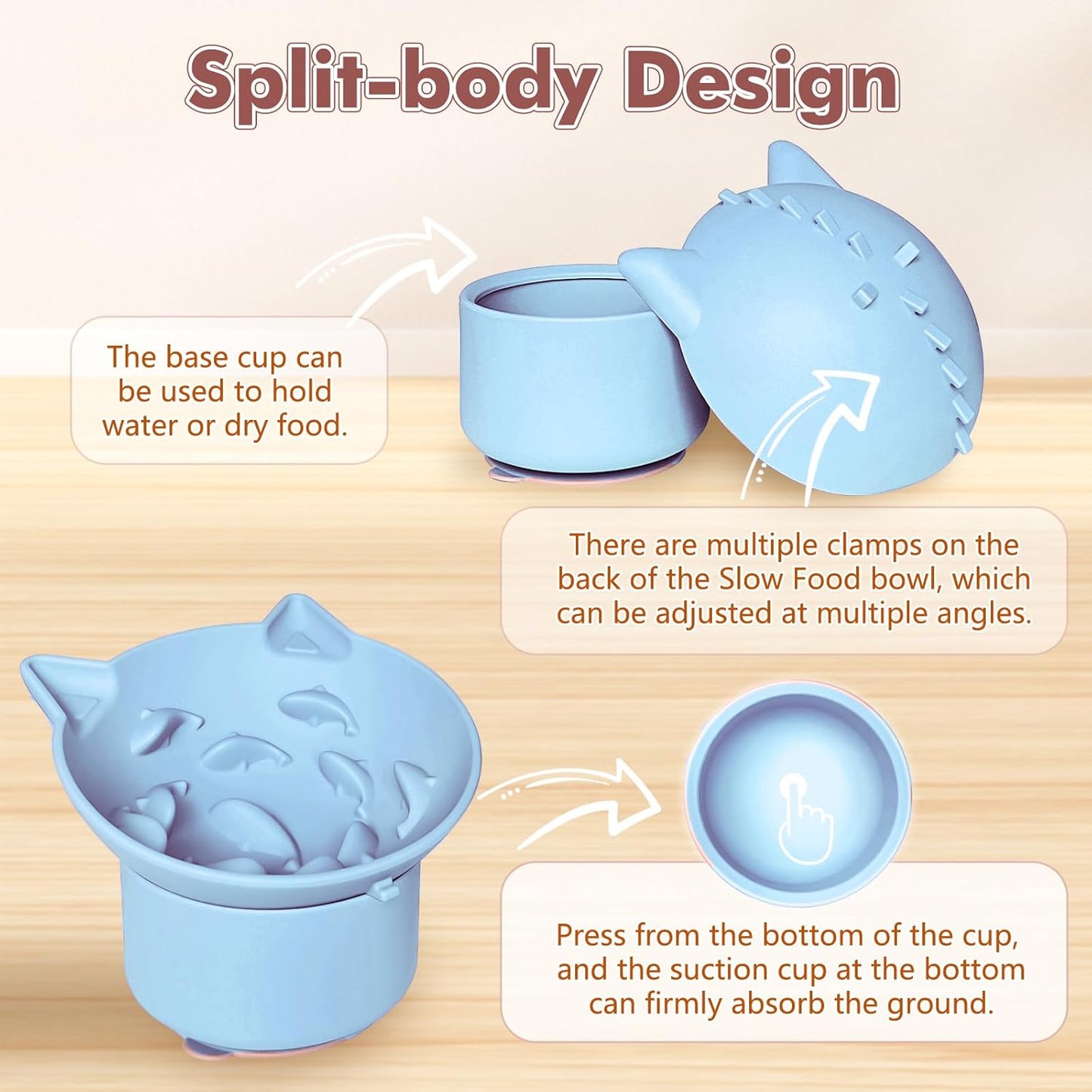 Silicone Slow Feeder Cat Bowl, Elevated Cat Slow Feeder with Suction Cups, Multi-Angle Tilt Design, No Black Chin, Suitable for Dry Wet Food (Light Blue)