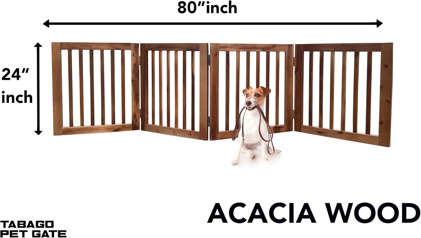 TabaGo Acacia Wood 4-Panel Freestanding Pet Gate – Retractable Folding Indoor Dog Fence, Modern Wooden Barrier for Doorways, Stairs & Hallways (24” Height, Expands to 80”)