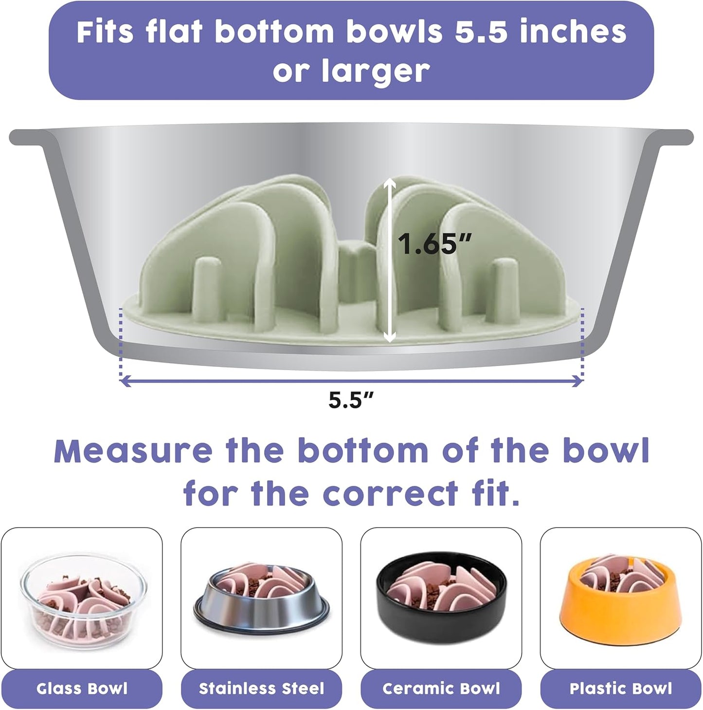 Awoo Great Vibes - Silicone Slow Feeder for Dog Bowls Over 5.5 Inches - Non-Slip, Wet and Dry Food-Compatible Pet Dish with Suction Cups - Extends Mealtime for Fast Eaters - Dishwasher Safe (Sage)
