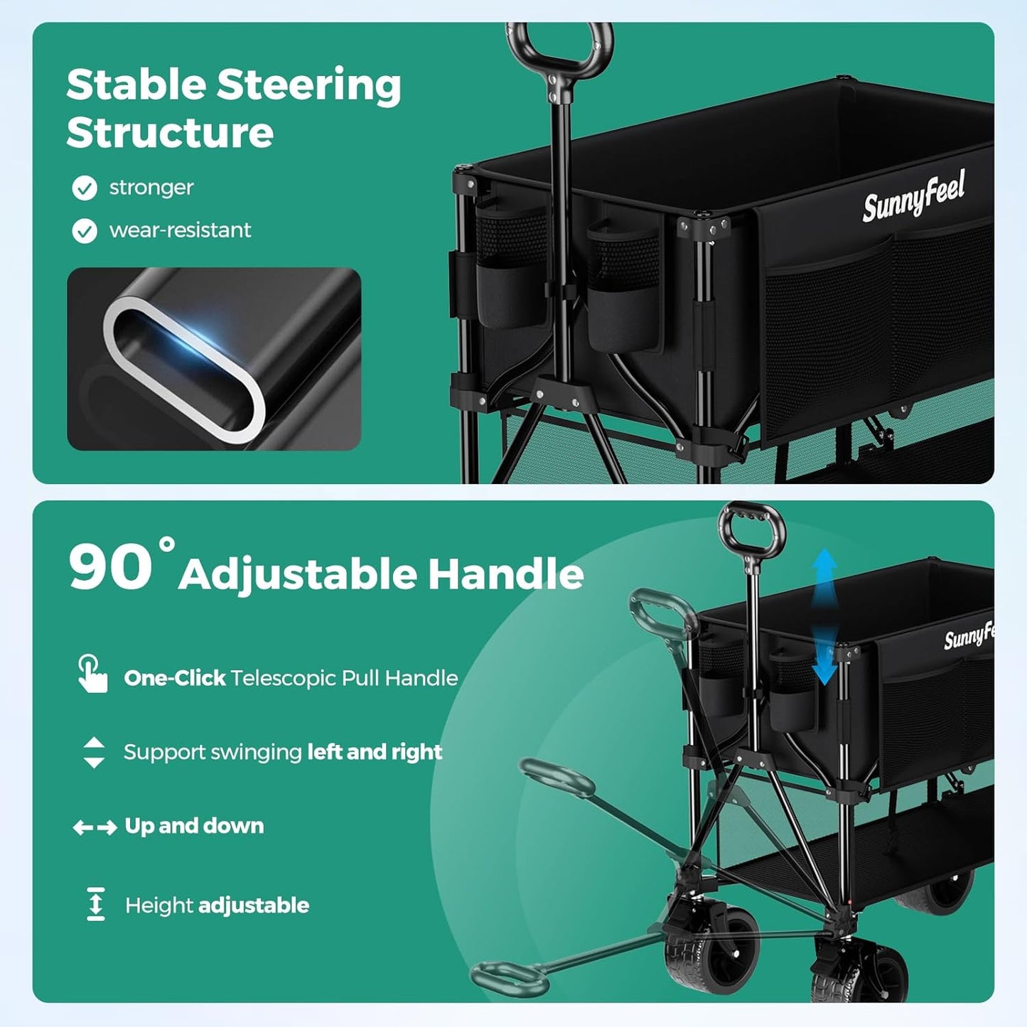 SUNNYFEEL Double Decker Folding Wagon Cart - 500lbs Heavy Duty Collapsible Utility Wagon with All Terrain Big Wheels & Drop Down Tailgate,400L Large Capacity Wagon for Camping,Garden,Sports