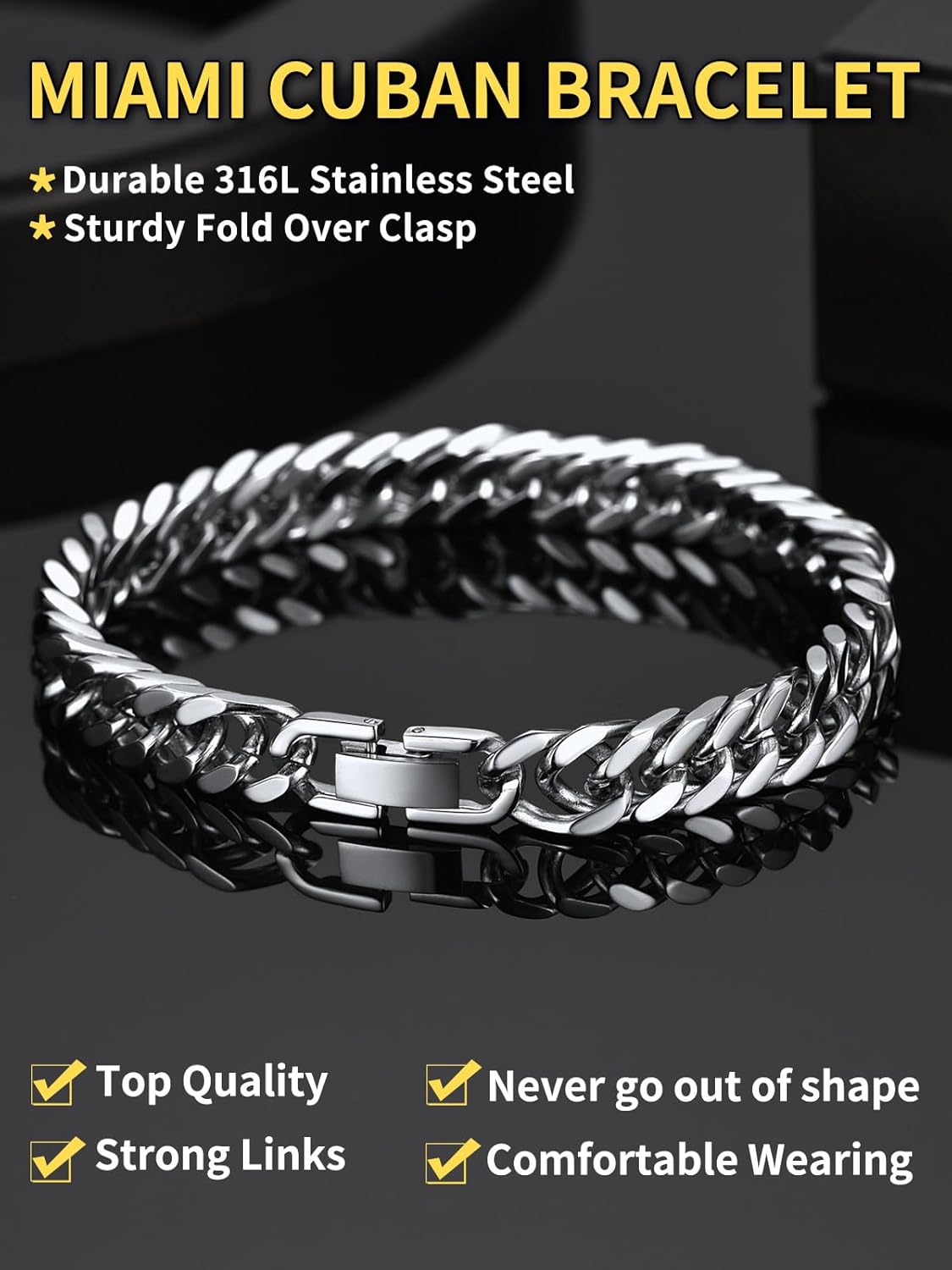ChainsHouse Stainless Steel Cuban Link Bracelet, 8mm/12mm/17mm Width, 7.5"/8.3"/9", 18K Gold Plated Chain Wrist Bracelets for Men Women, Send Gift Box