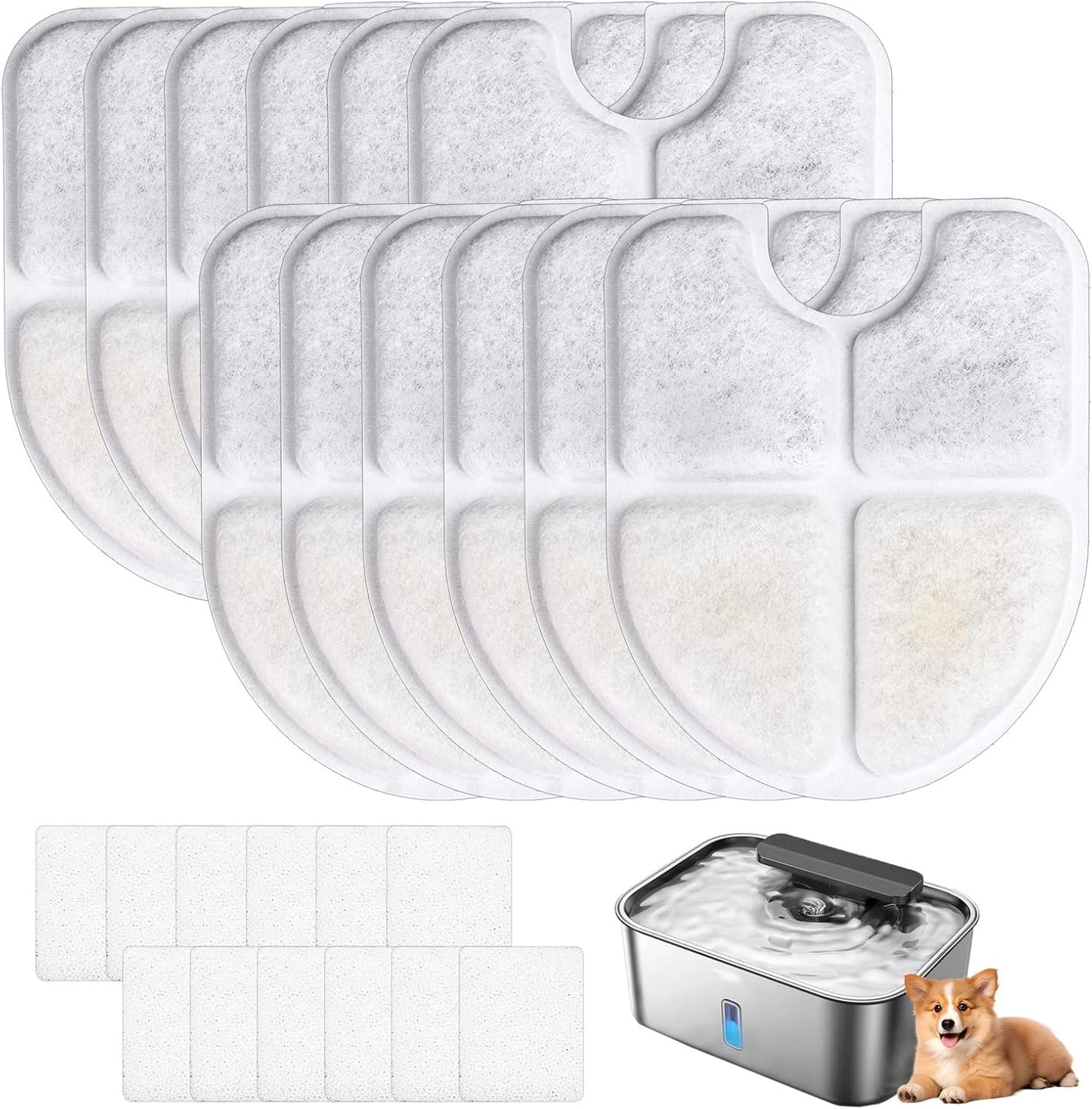 12PCS Cat Water Fountain Replacement Filters Compatible with FEELNEEDY 3Gal/12L Dog Cat Water Dispenser (FN-W13), Fit Large Dogs Bowl Dispenser, Includes 12 Filters & 12 Sponges