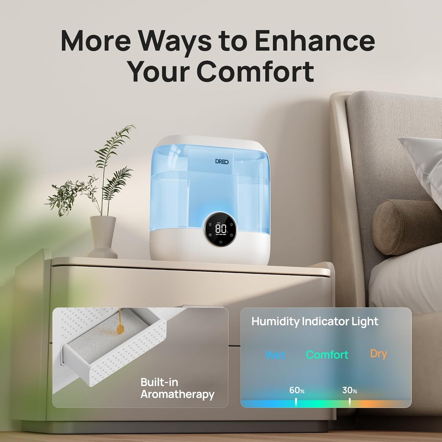 DREO Humidifiers for Bedroom, 6L Top Fill Supersized Cool Mist Humidifier for Large Room, 60 Hour Runtime, Quiet Ultrasonic Humidifiers for Plants, Baby, Indoor, Home, Night Light, Blue