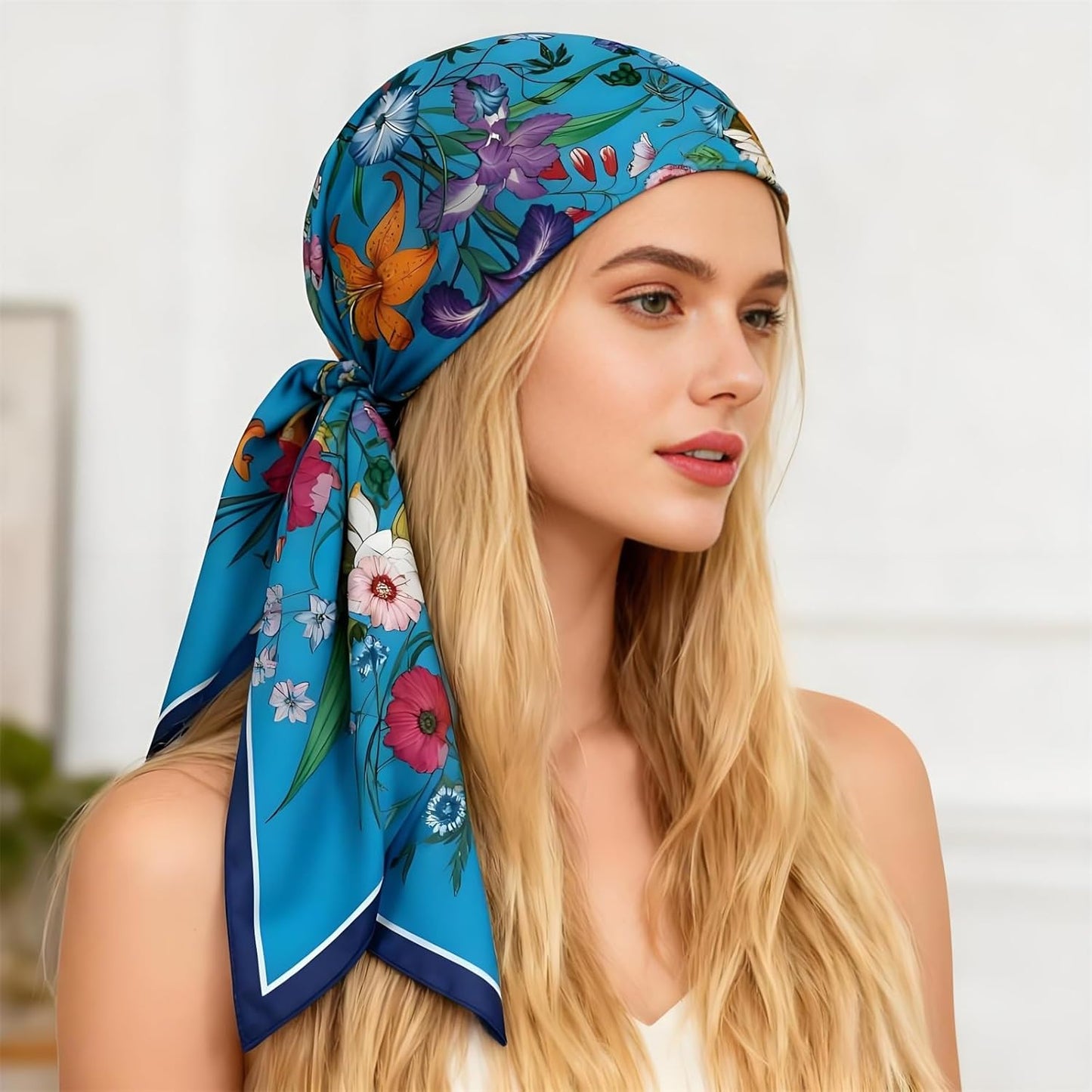 Premium Floral Scarf for Women 35x35 Square Silk Feel-Lightweight Scarves Headscarf Bandanas Wrapping Handbag