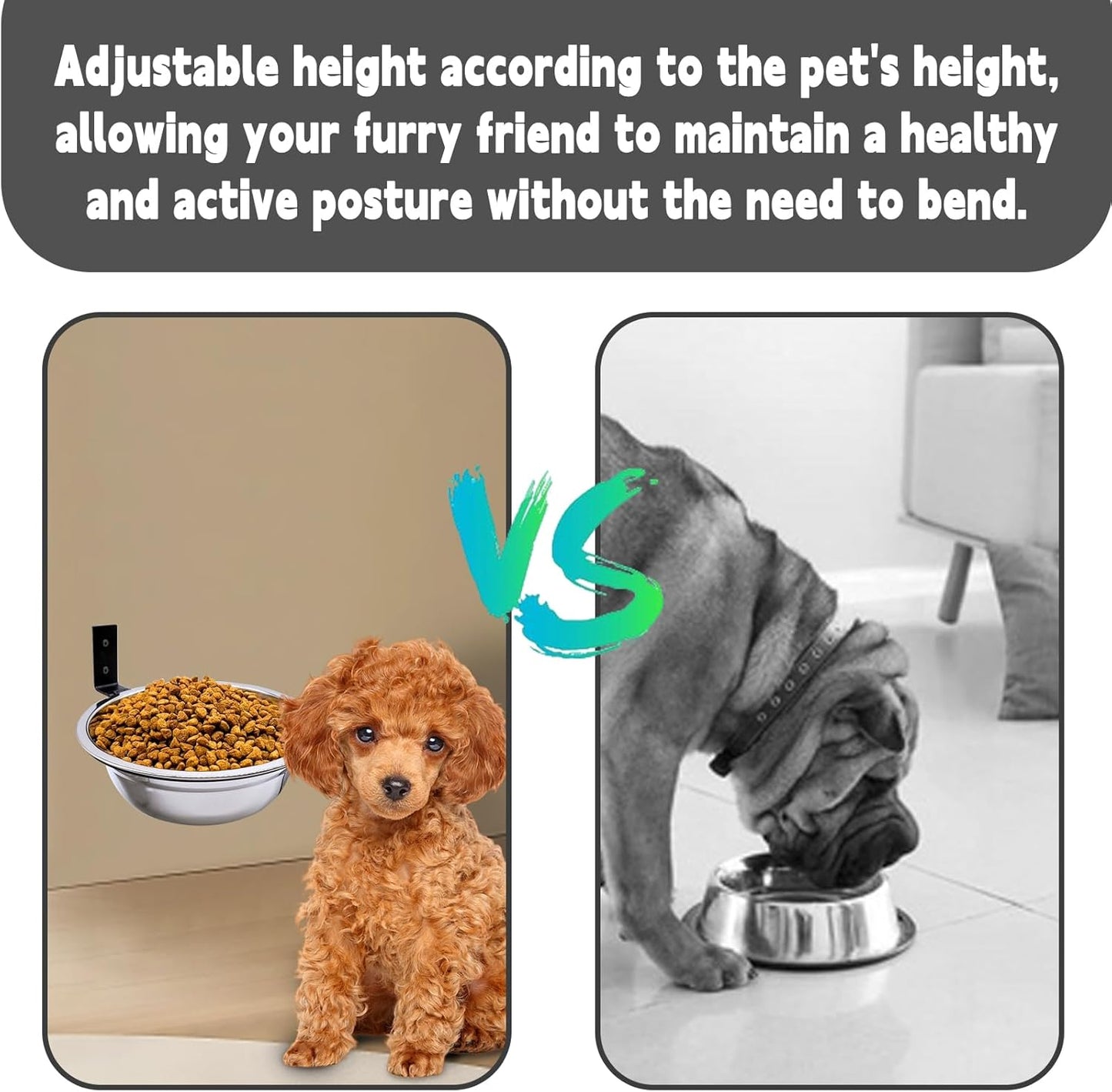 Wall Mounted Dog Bowls-2 * 16 Oz, Stainless-Steel Raised Adjustable Height Dog Food and Water Bowls, Elevated Pet Comfort Feeding Bowl for Medium Large Dogs Cats(Collapsible)