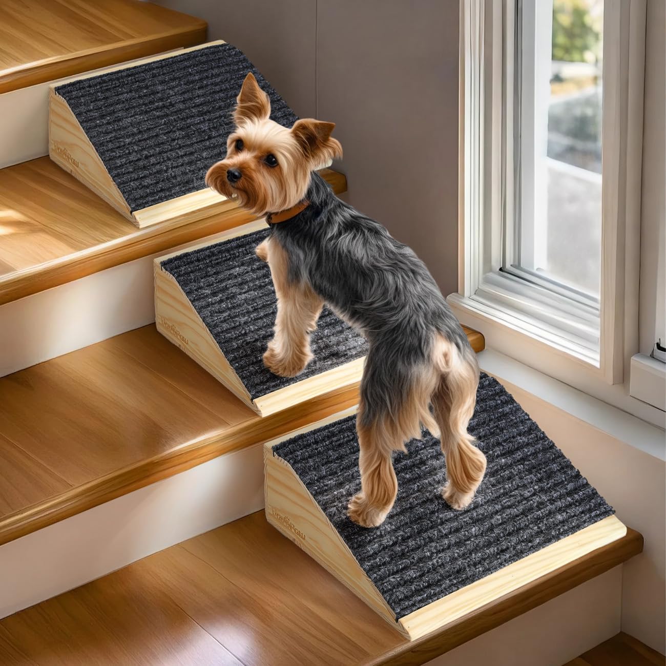 Dog Ramp for Stairs, Non-Slip Dog Stairs, Sturdy Wooden Pet Steps for Small Dogs and Cats Fits Staircase Indoor, Assist for Injured and Older Pets(4 Pack/S, Light Wood)