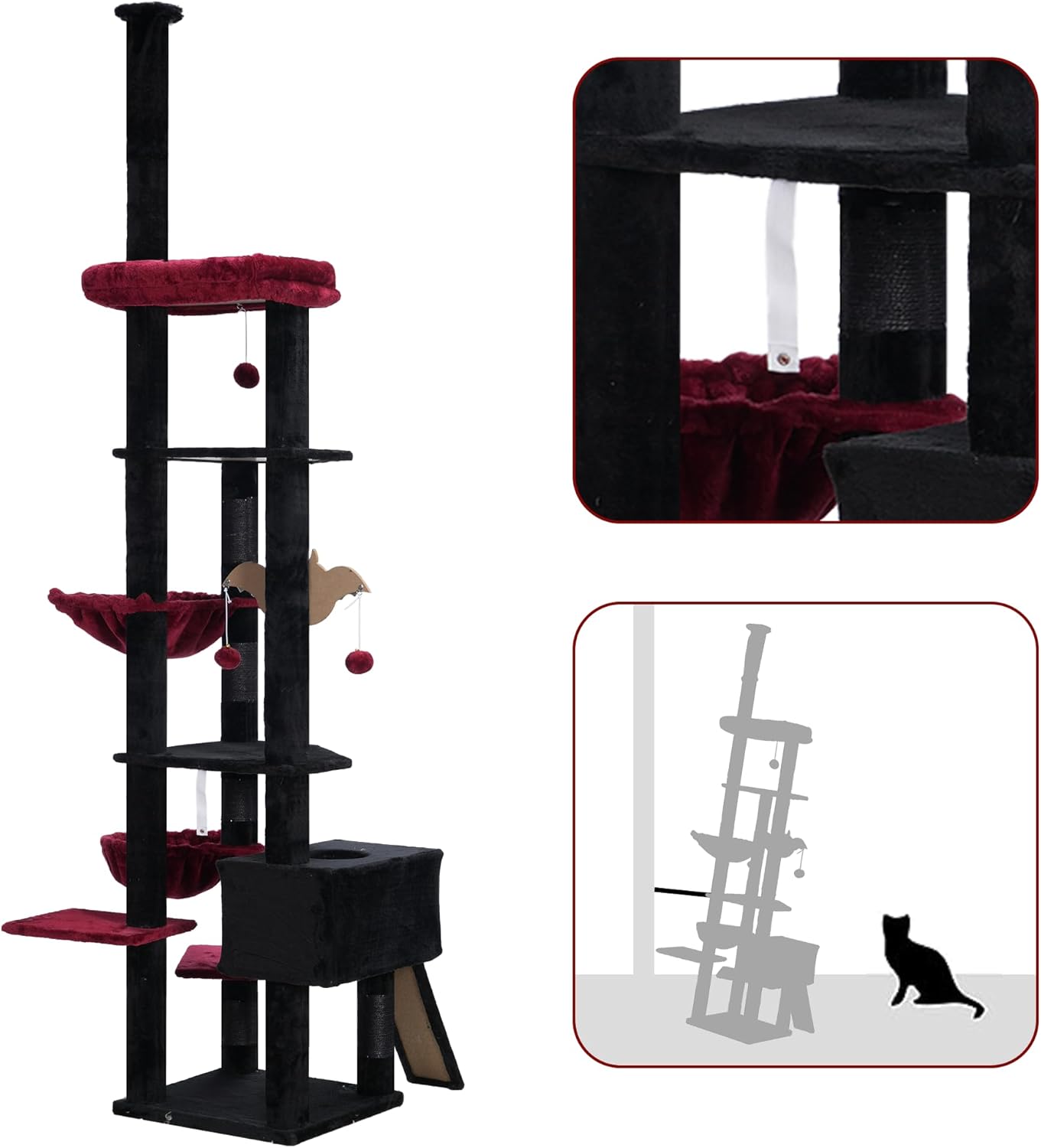 Heybly Cat Tree 92.5-104.3 Inches with Hammock, Floor to Ceiling Gothic Cat Condo, Tall Cat Climbing Tower Adjustable with Scratching Posts for Indoor Cats, Black and Red HCT091BR