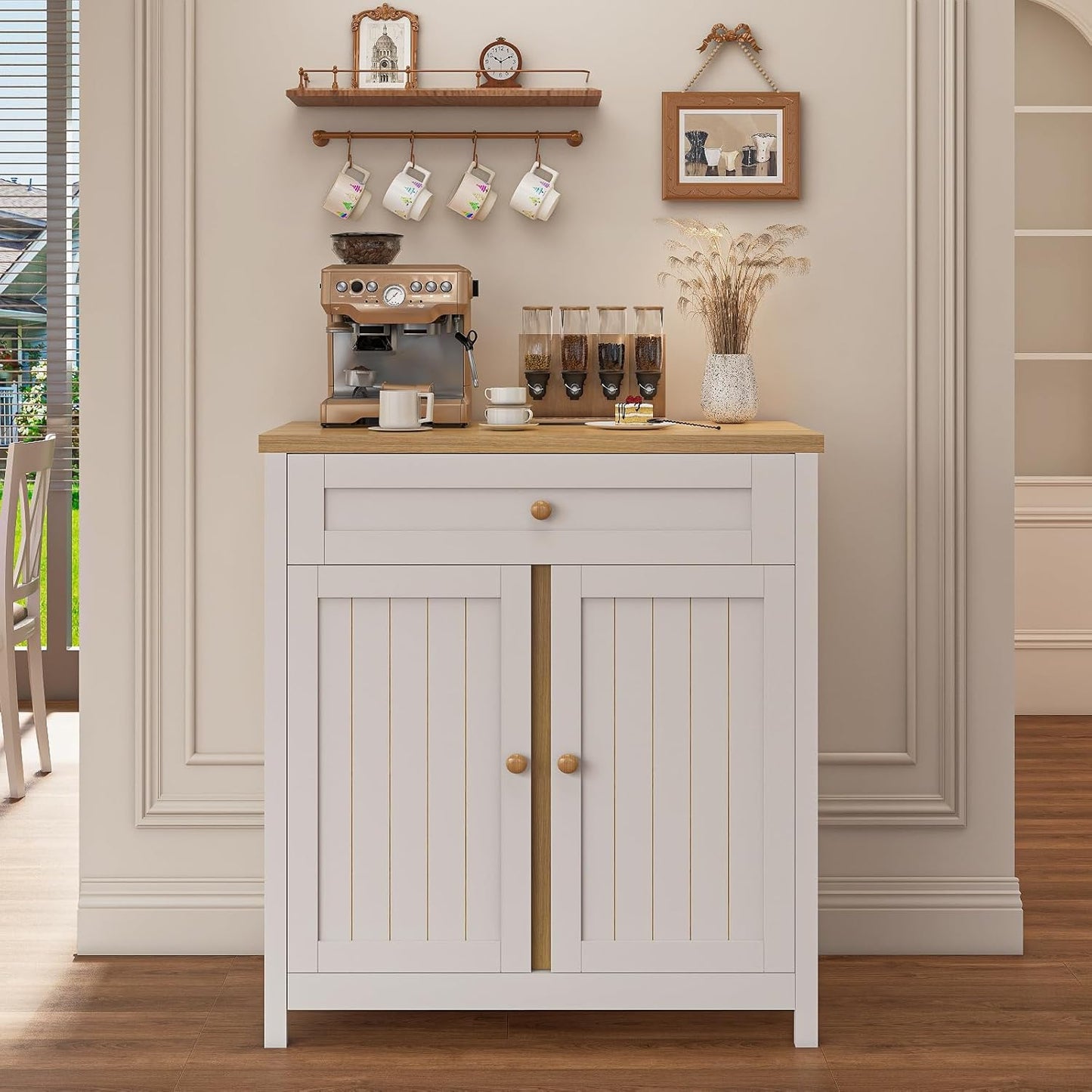 Storage Cabinet,Coffee Bar Cabinet, Kitchen Storage Cabinet, Modern Farmhouse Buffet Sideboard with Drawer, for Kitchen, Dining Room, Entryway（White）