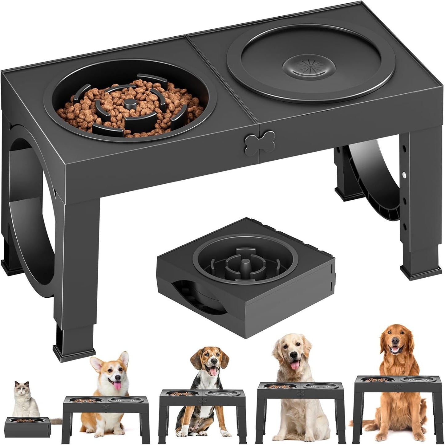 XIAZ Slow Feeder Dog Bowl Stand - Elevated Dog Food and Water Bowl Set for Large Medium Sized, 5 Heights Adjustable, Non-Slip, Durable, Prevents Bloating & Improves Digestion Blue